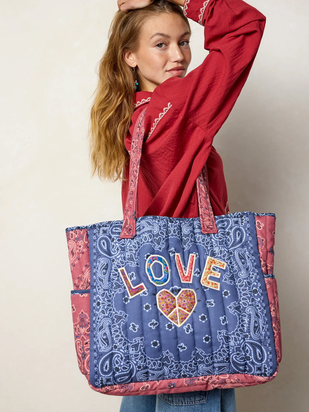 Quilted Applique Love Tote Bag - Blue Classic Bandana