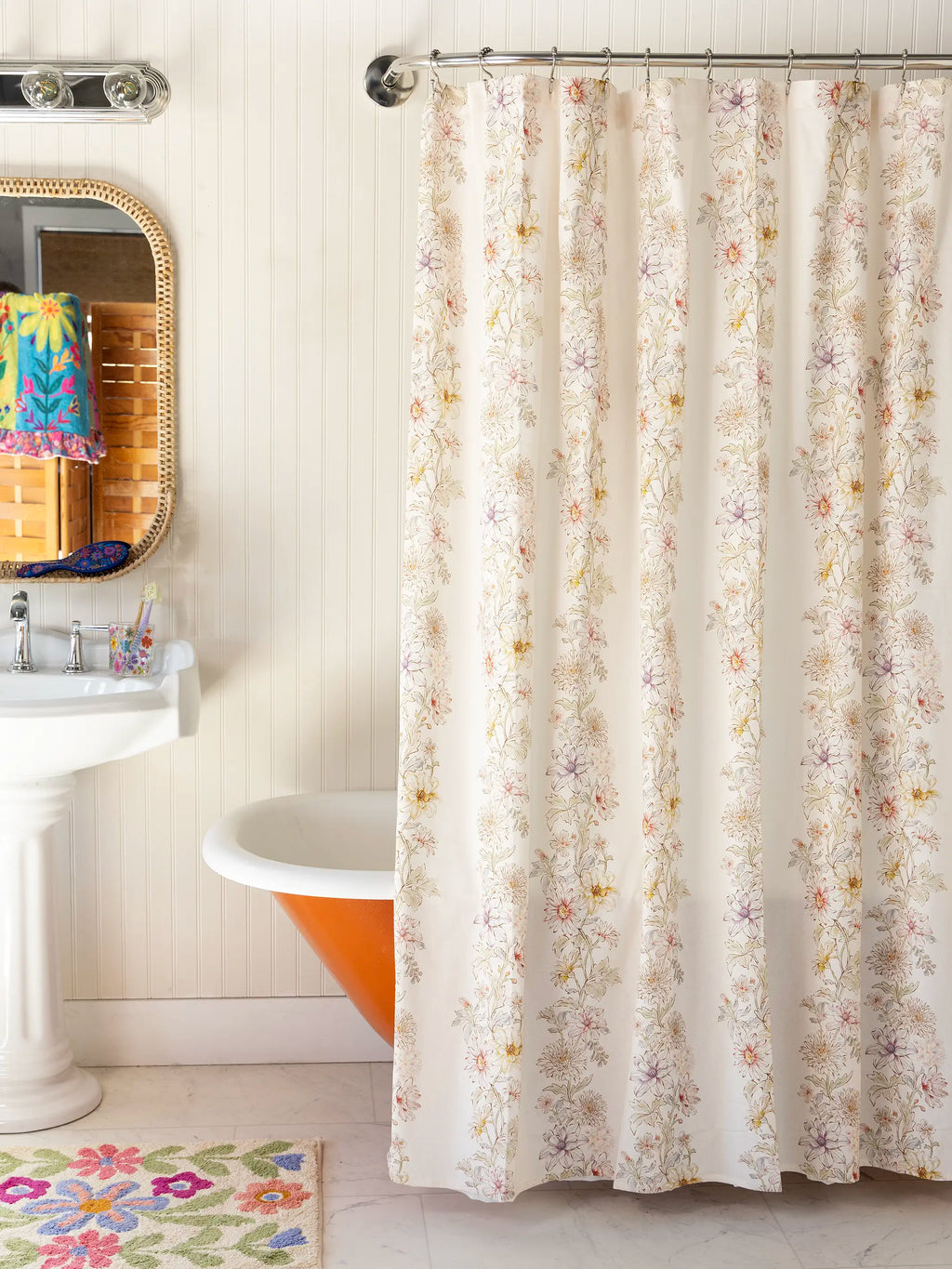 Boho Shower Curtain - Ivory Dahlia Rows