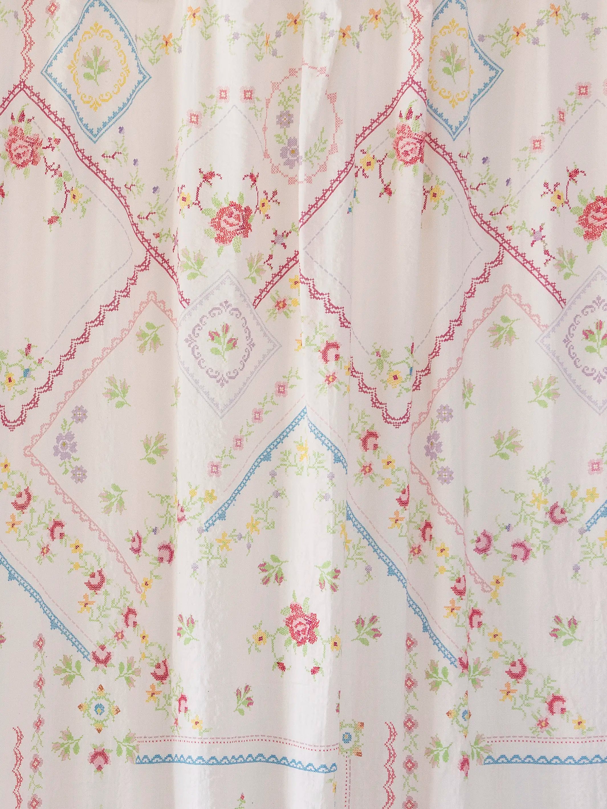 Boho Shower Curtain -  Heirloom Cross Stitch Ivory