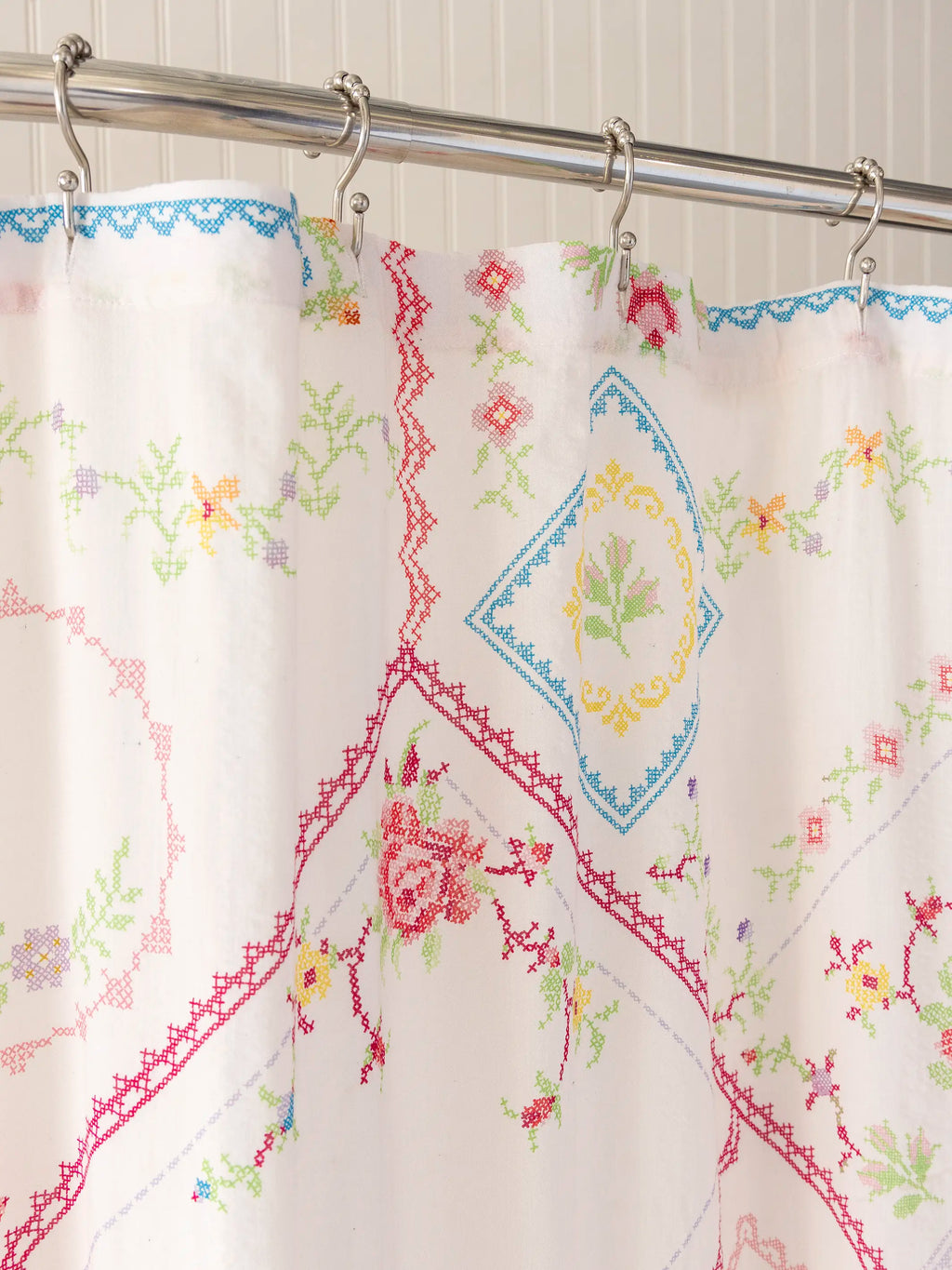 Boho Shower Curtain -  Heirloom Cross Stitch Ivory