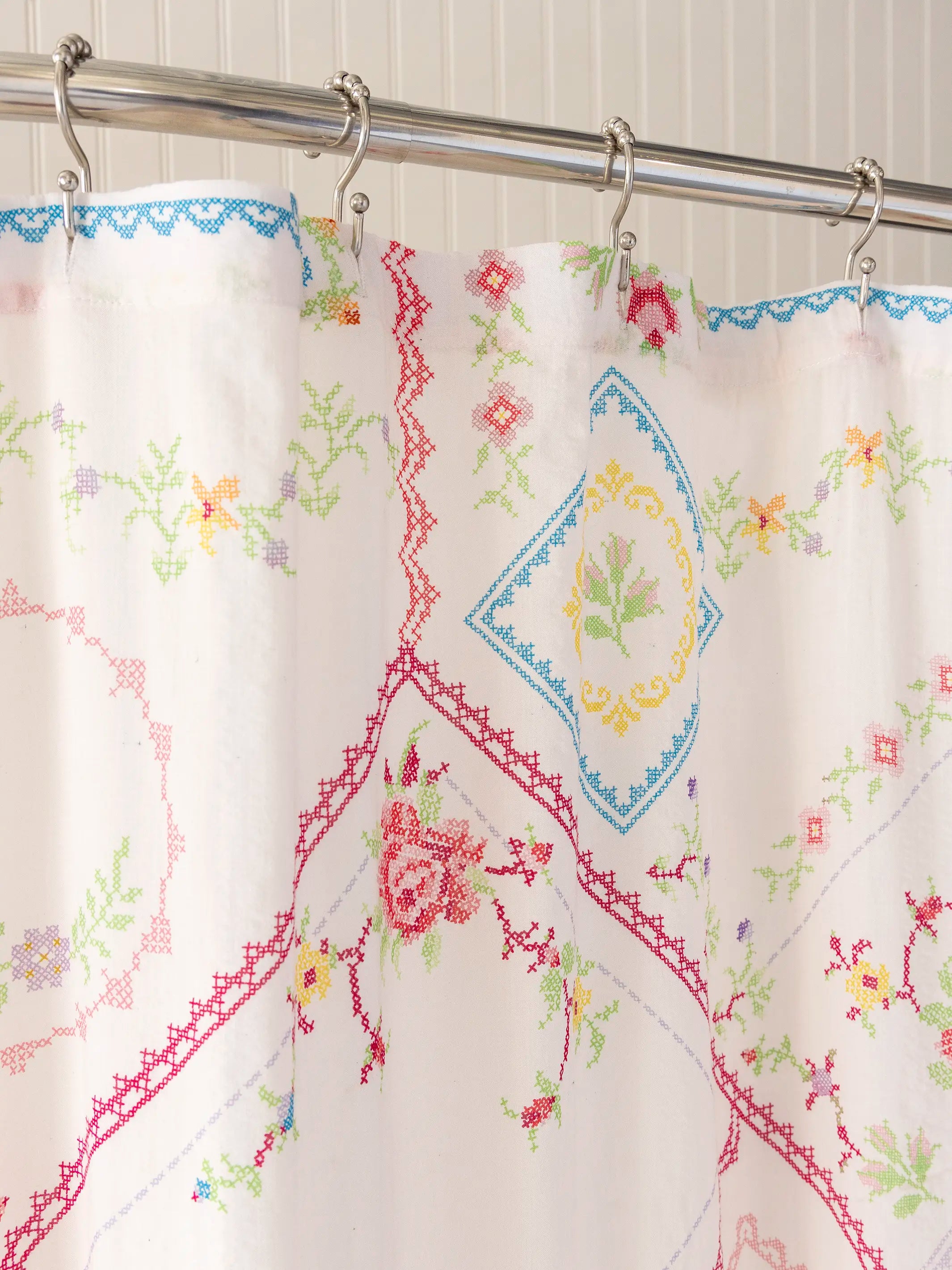 Boho Shower Curtain -  Heirloom Cross Stitch Ivory