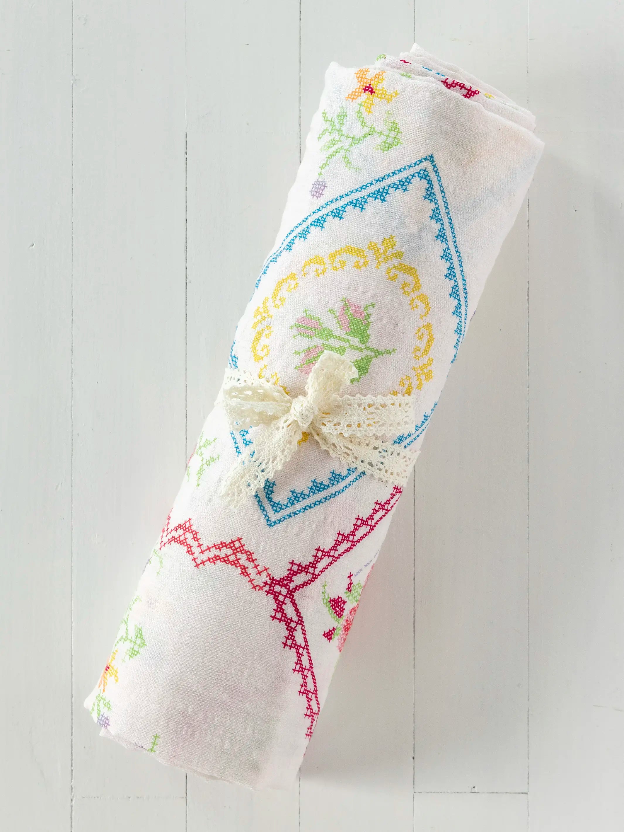 Boho Shower Curtain -  Heirloom Cross Stitch Ivory