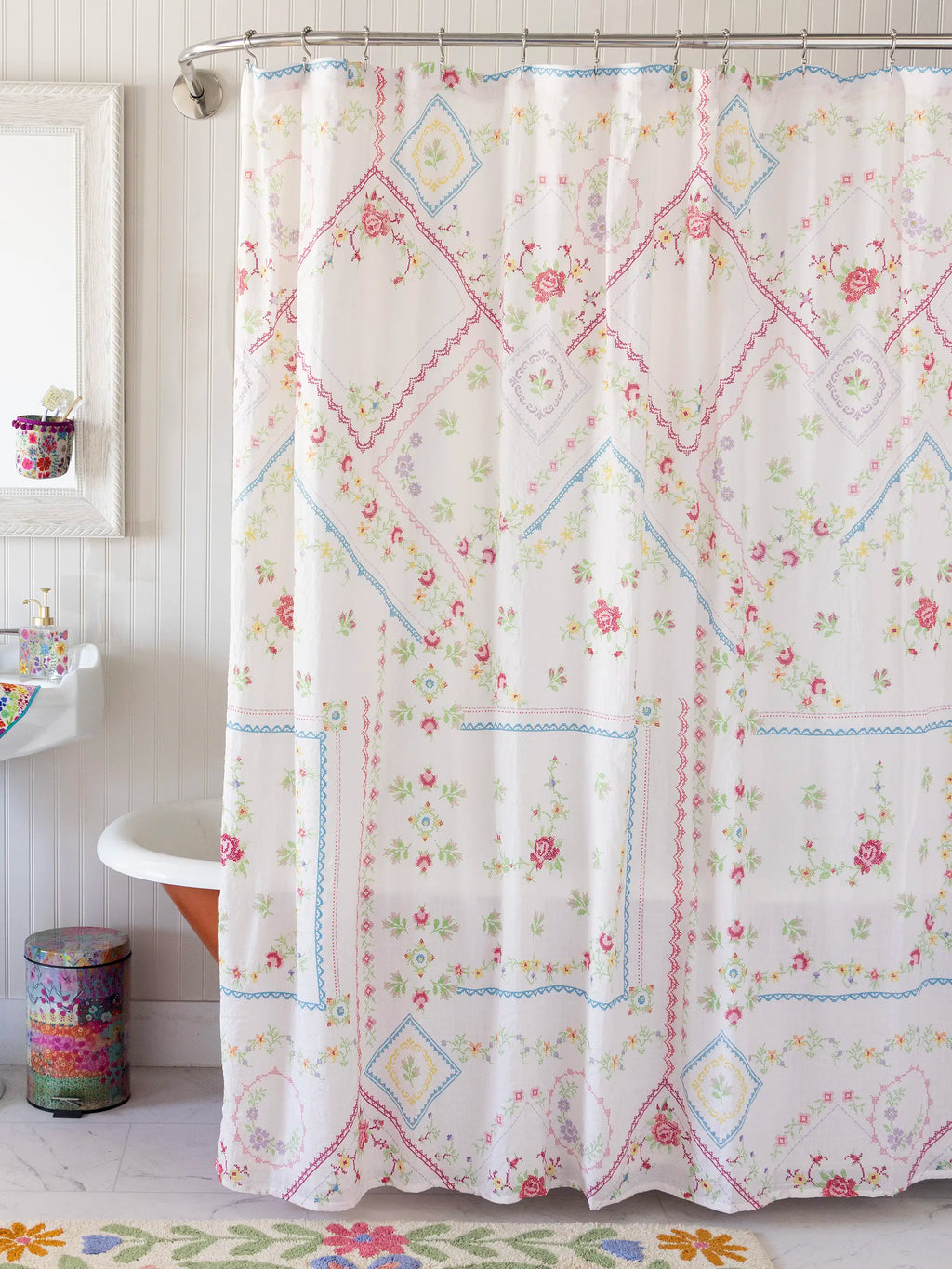 Boho Shower Curtain -  Heirloom Cross Stitch Ivory
