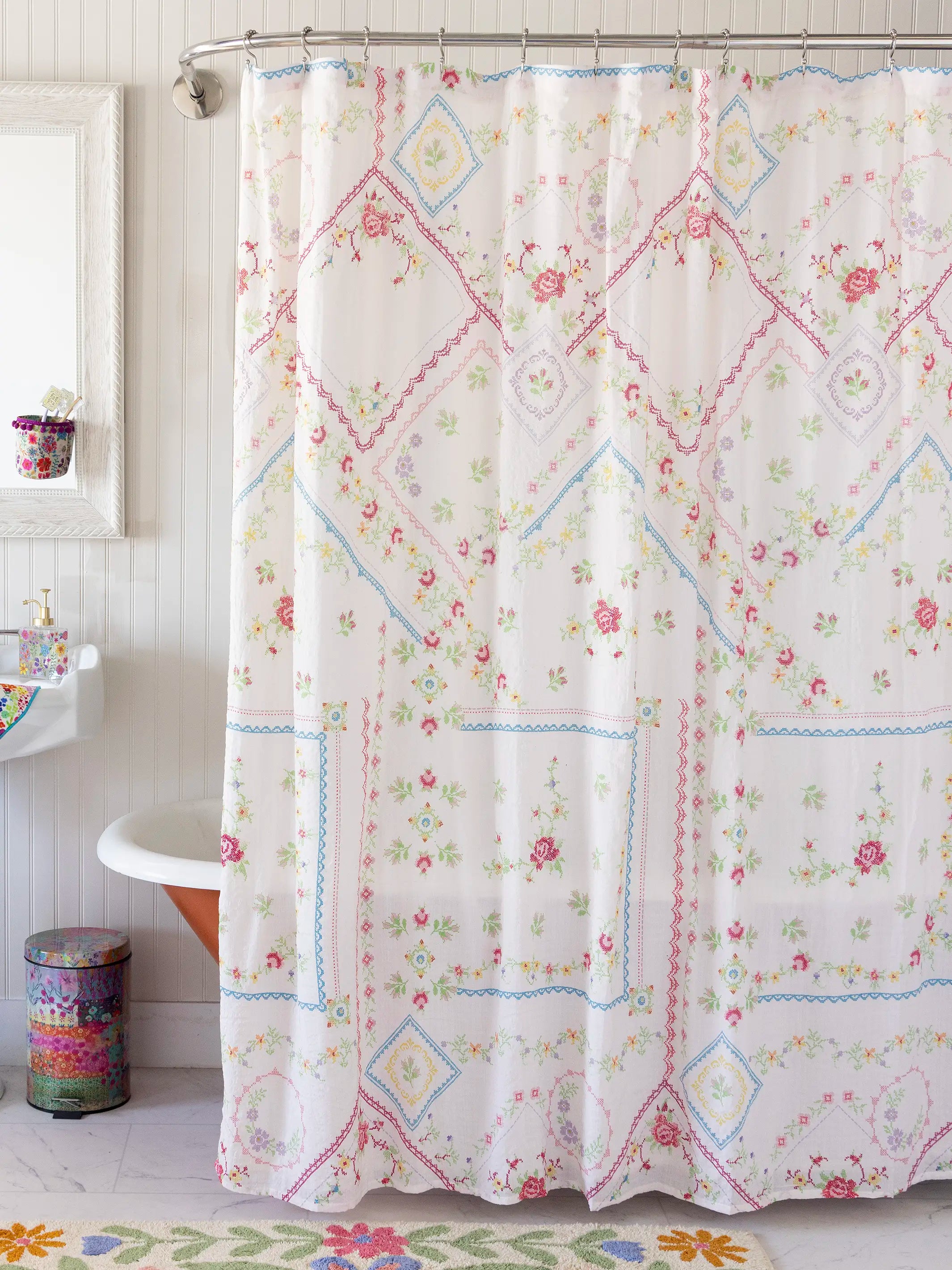 Boho Shower Curtain -  Heirloom Cross Stitch Ivory