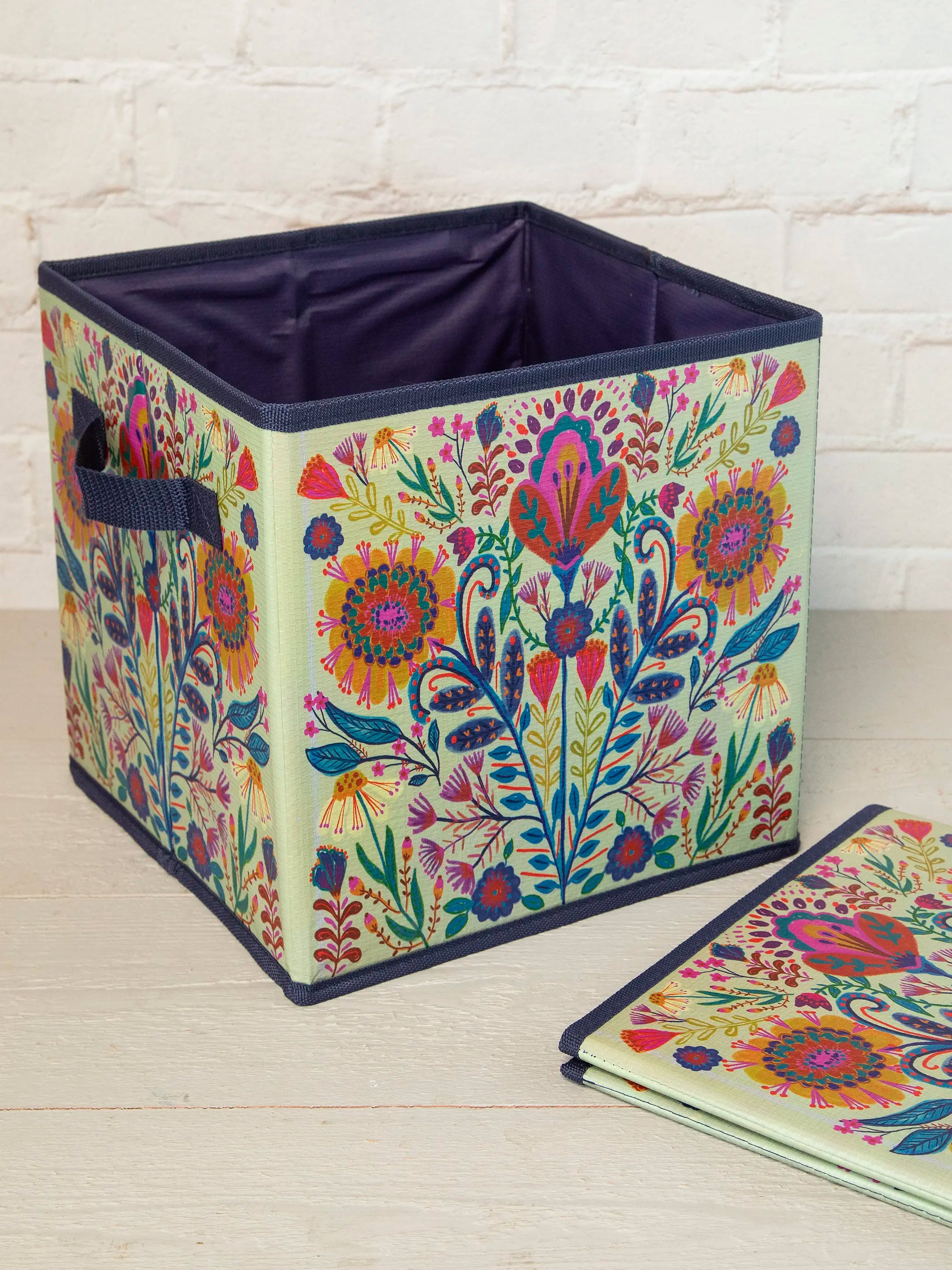 Collapsible Storage Cubes, Set of 2 - Cream Folk Flower