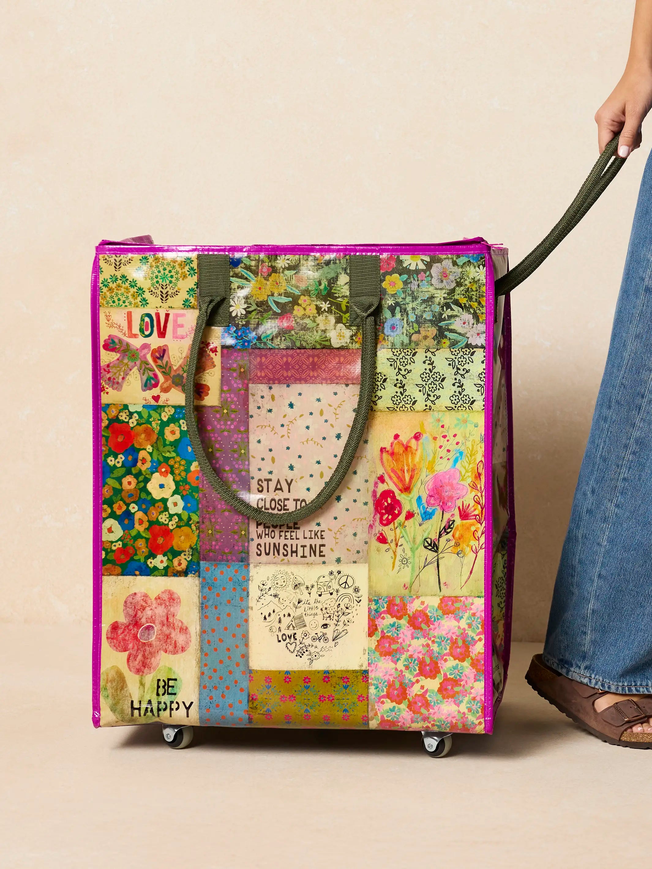 Rolling Tote Bag - XL Patchwork Chirps