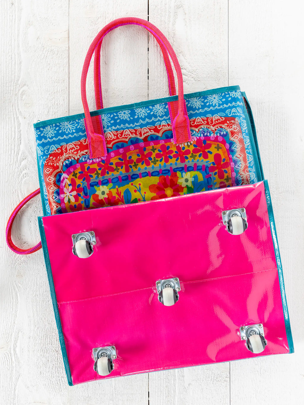 Rolling Tote Bag - XL Teal Flower Bouquet