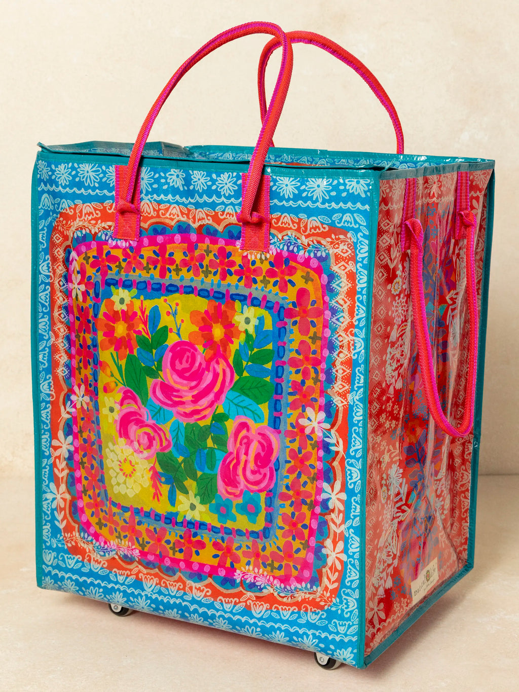 Rolling Tote Bag - XL Teal Flower Bouquet