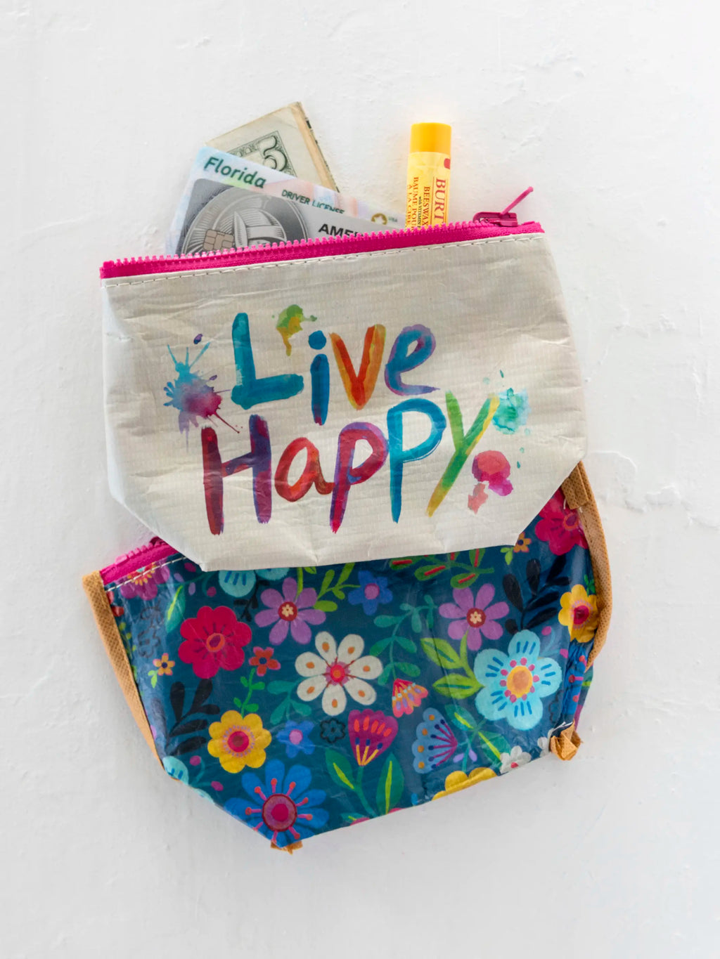 Small Recycled Reversible Zipper Pouch - Live Happy