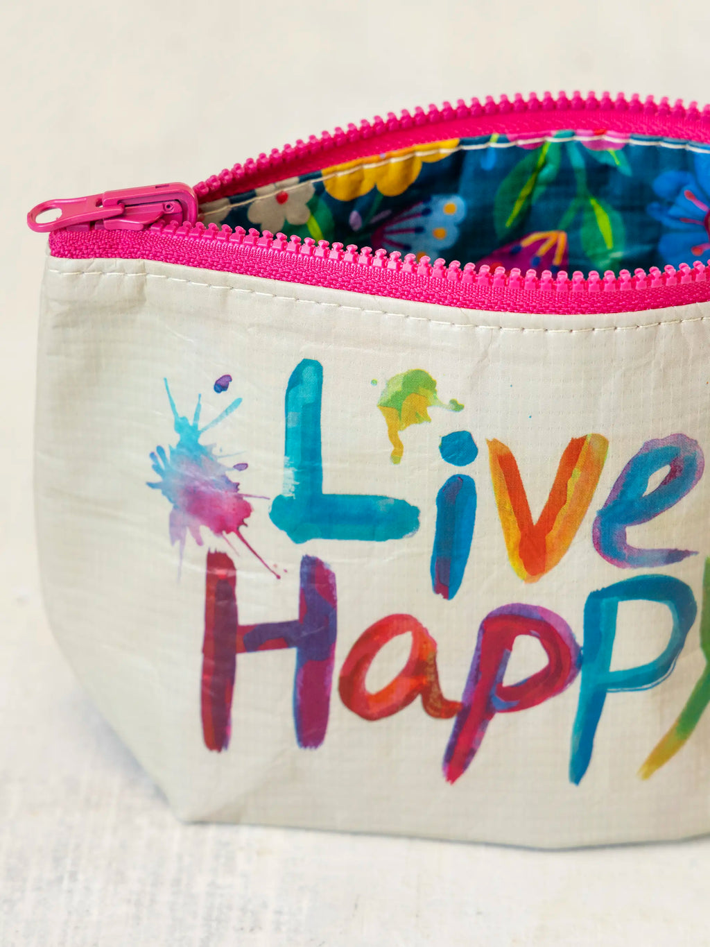 Small Recycled Reversible Zipper Pouch - Live Happy