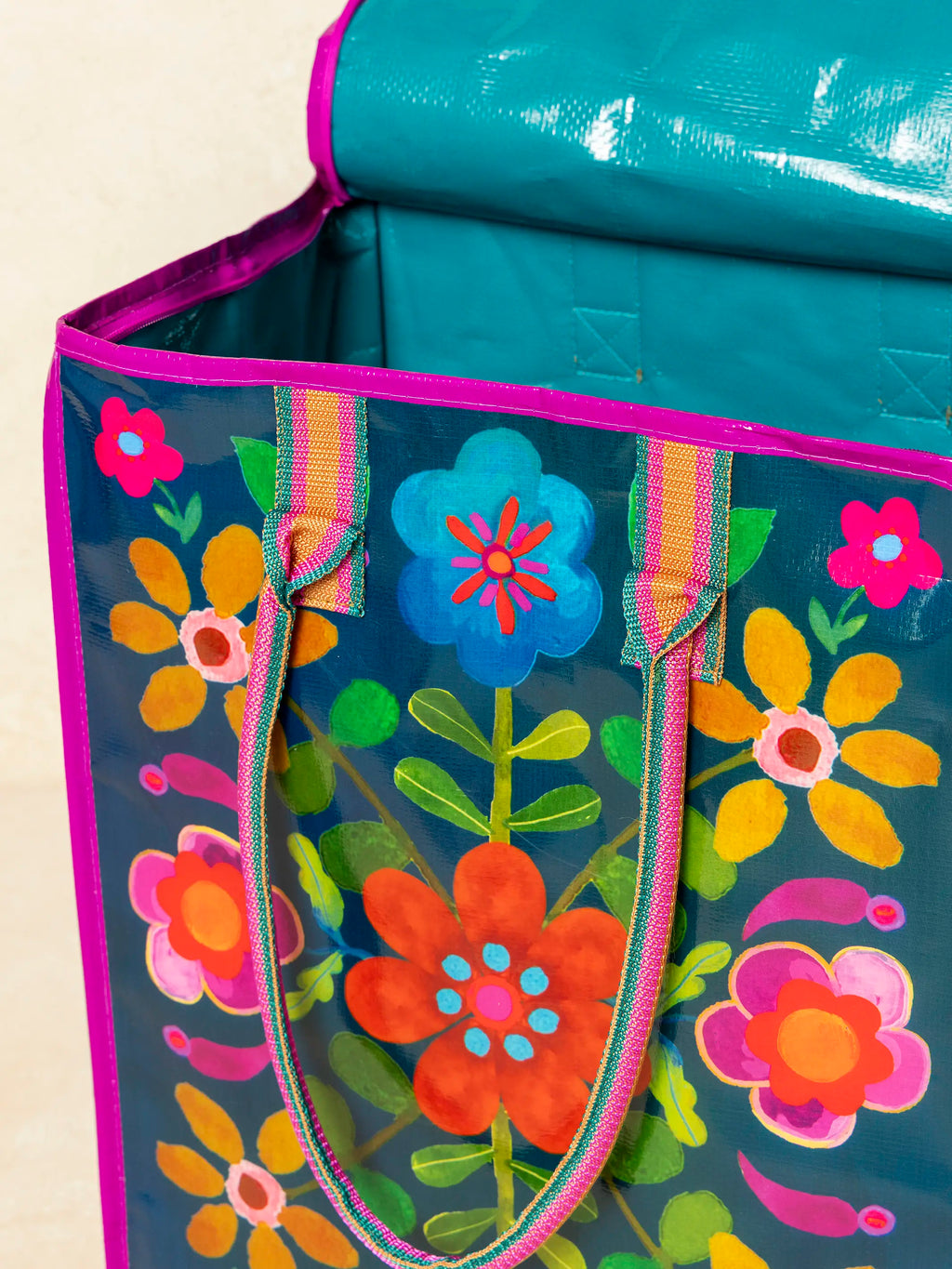 Rolling Tote Bag - Teal Folk Flower