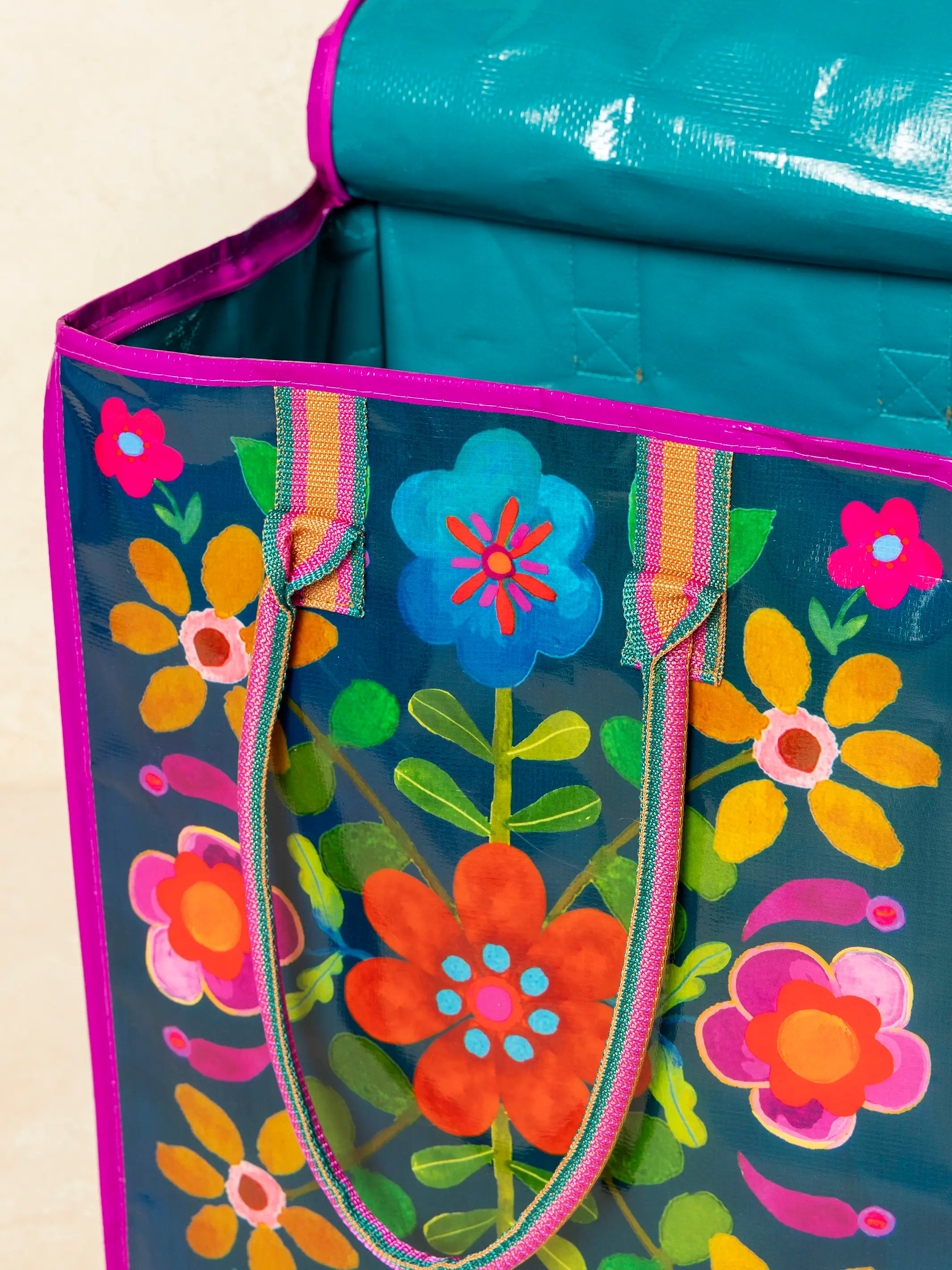 Rolling Tote Bag - Teal Folk Flower