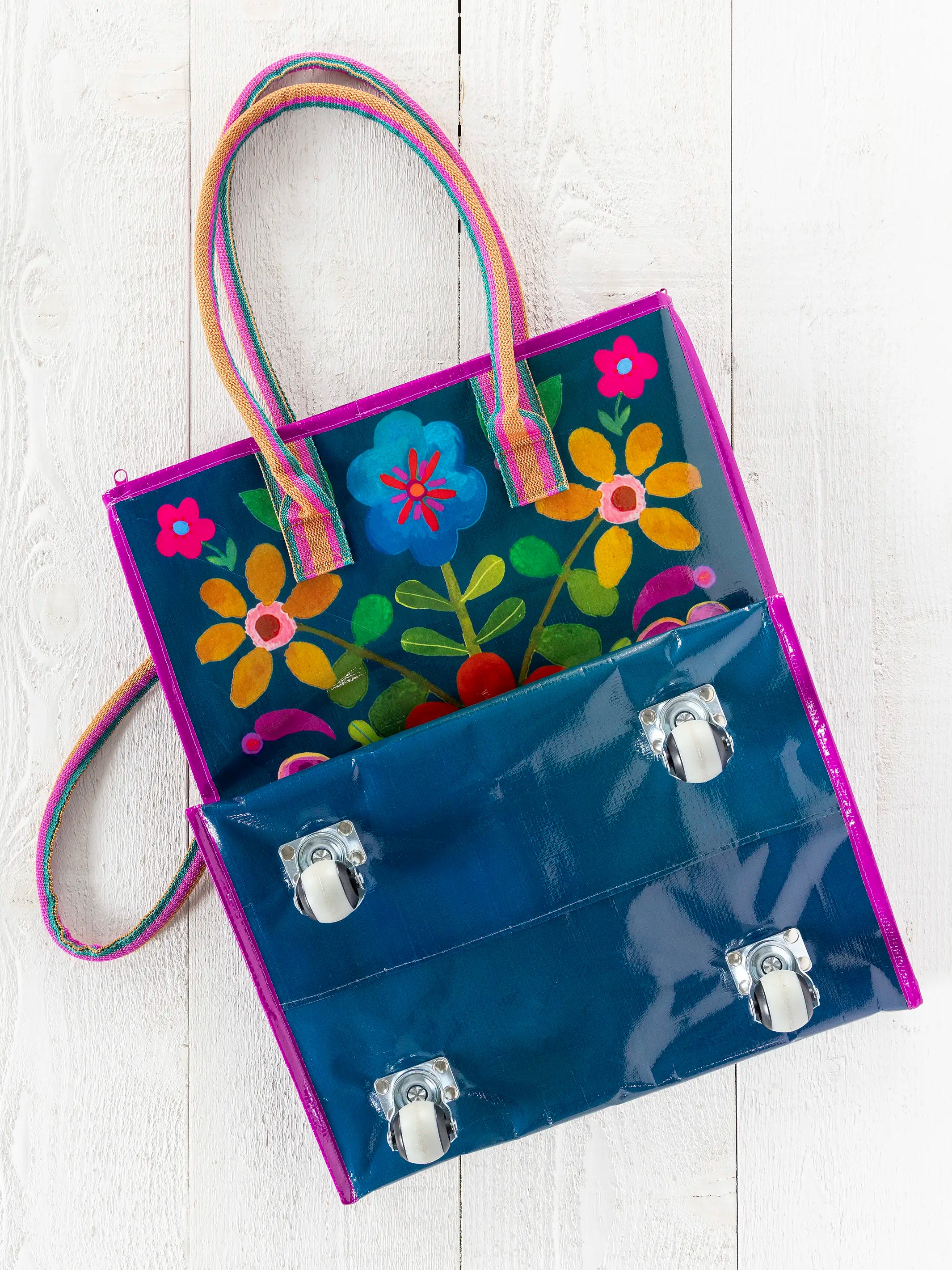 Rolling Tote Bag - Teal Folk Flower