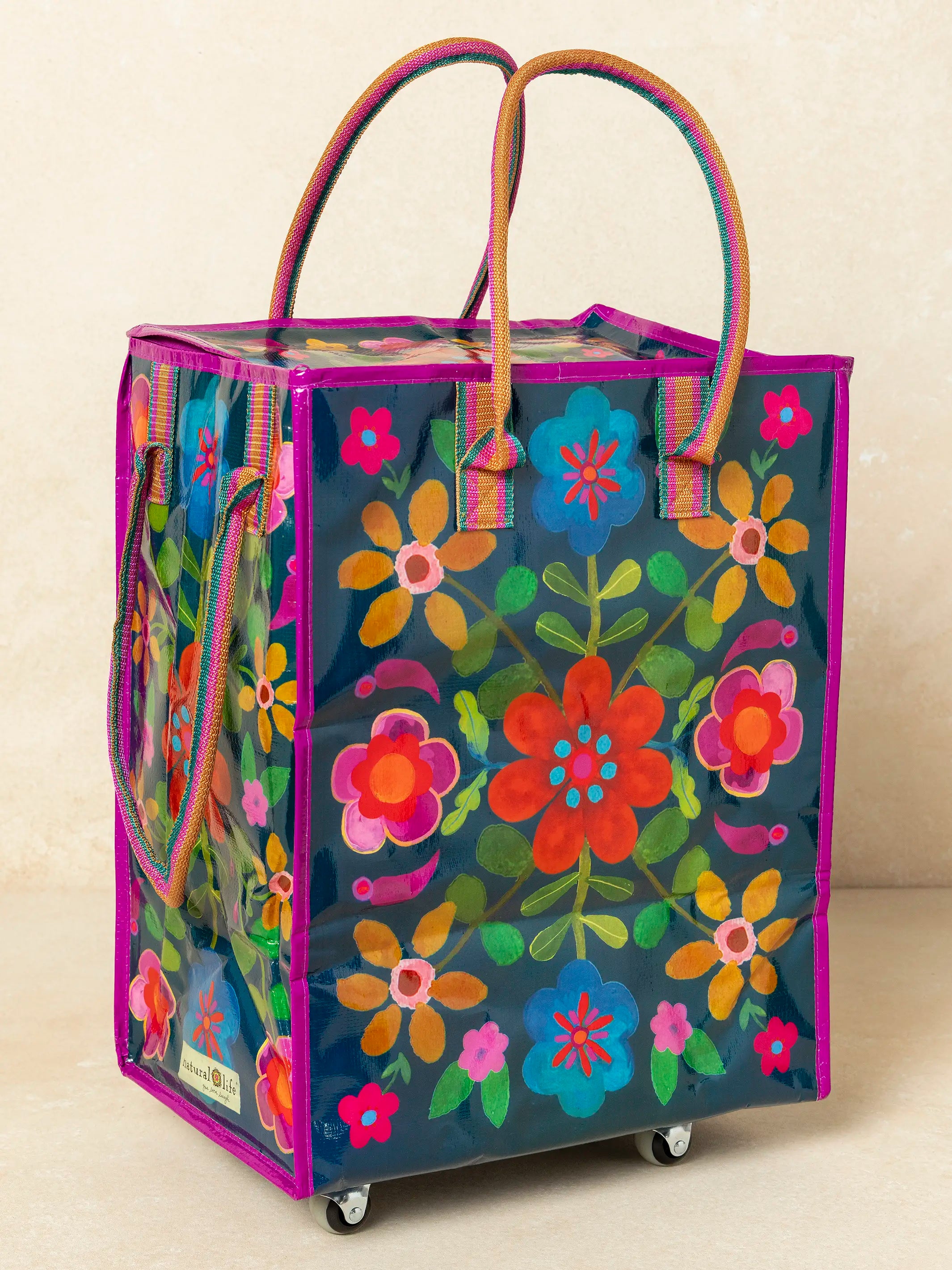 Rolling Tote Bag - Teal Folk Flower