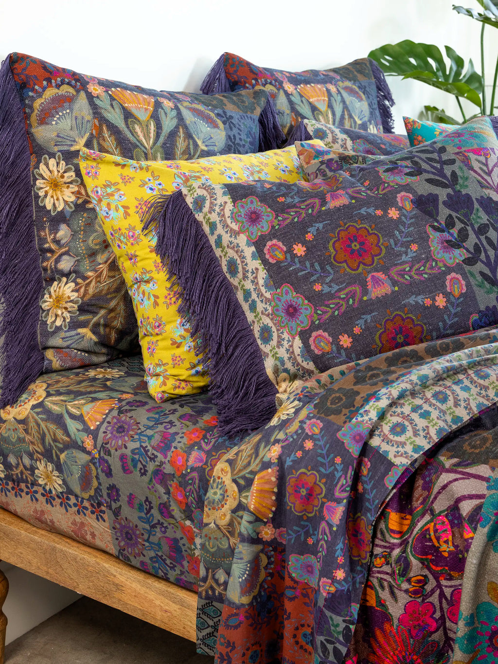 Boho Fringe Bedspread - Blue Patchwork