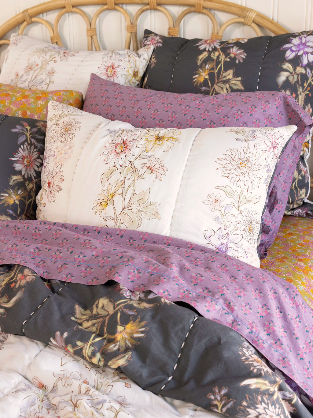 Bungalow Reversible Cotton Euro Sham - Ivory Dahlia Rows