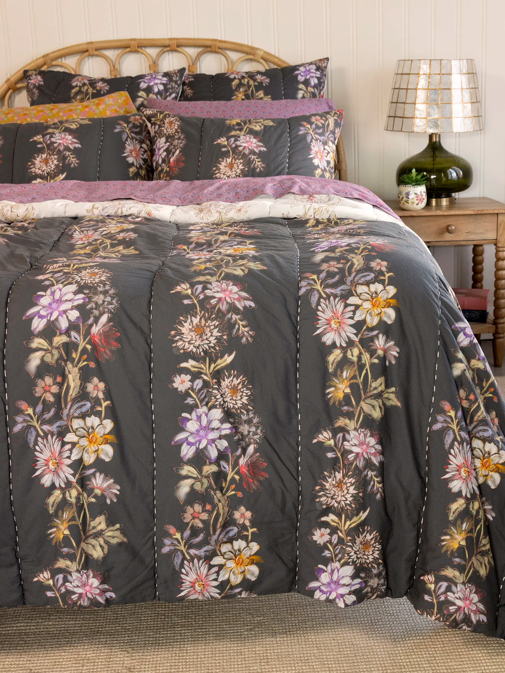 Bungalow Reversible Cotton Shams, Set of 2 - Ivory Dahlia Rows