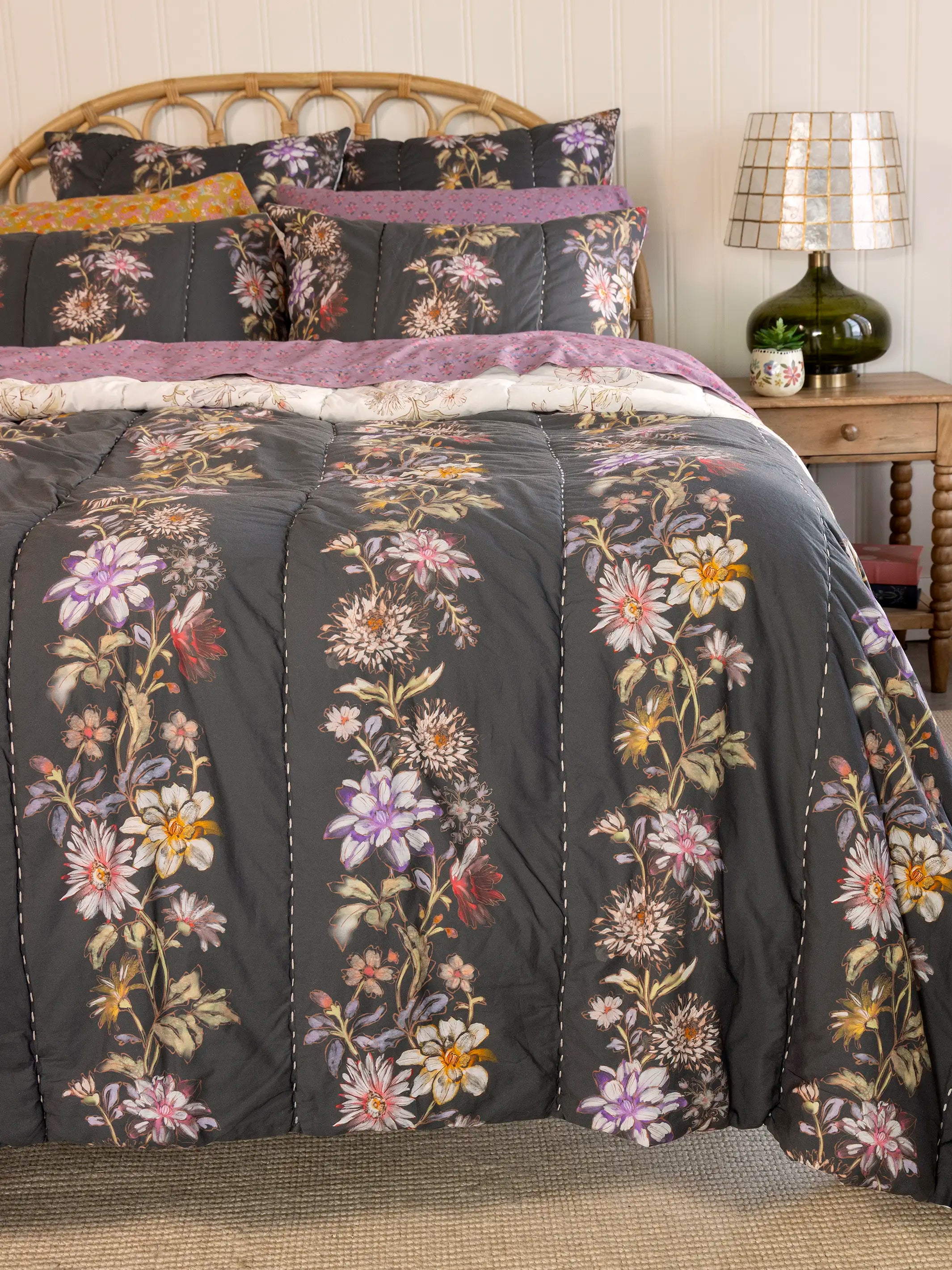 Bungalow Reversible Cotton Shams, Set of 2 - Ivory Dahlia Rows