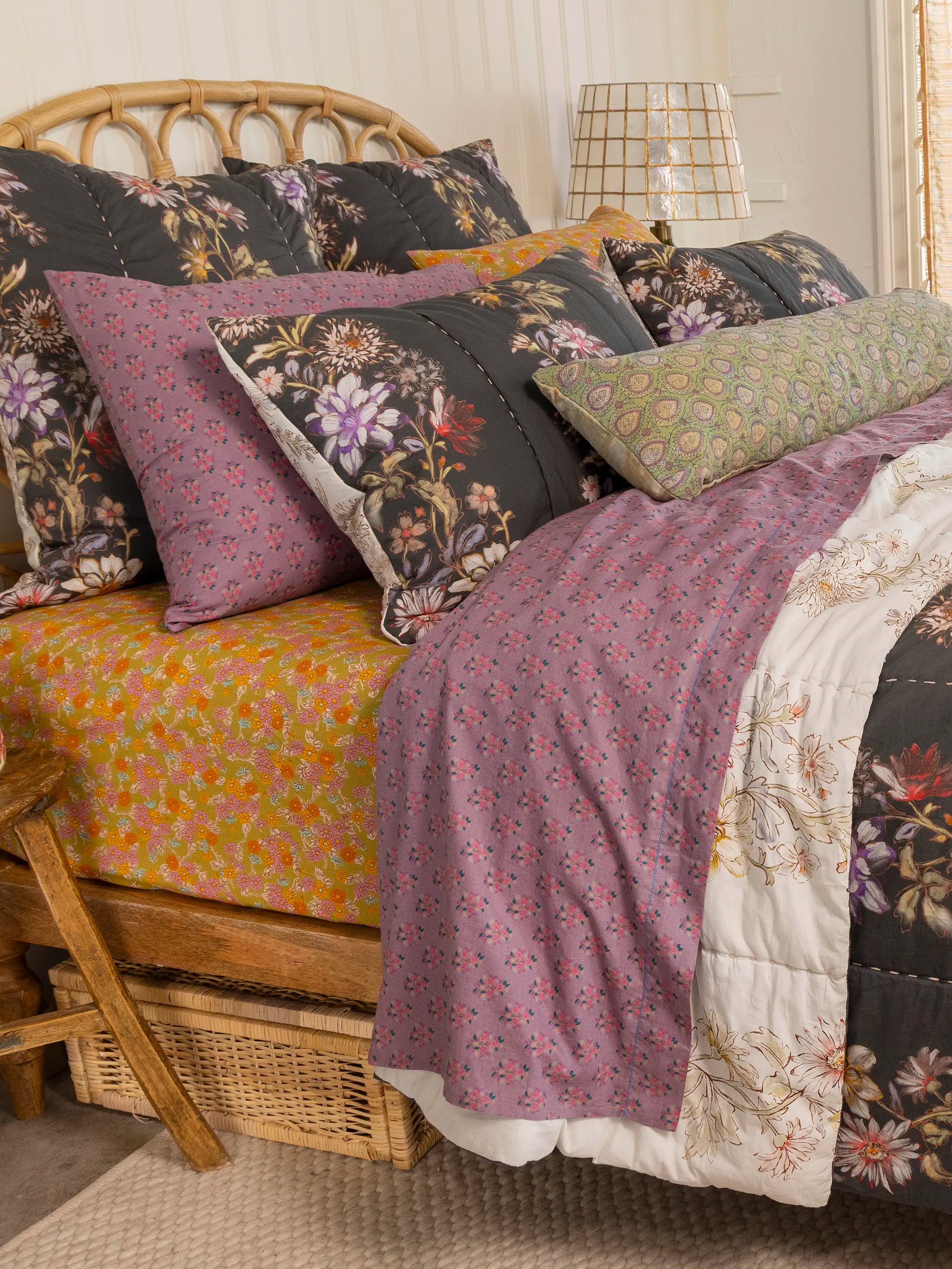 Bungalow Reversible Cotton Euro Sham - Ivory Dahlia Rows