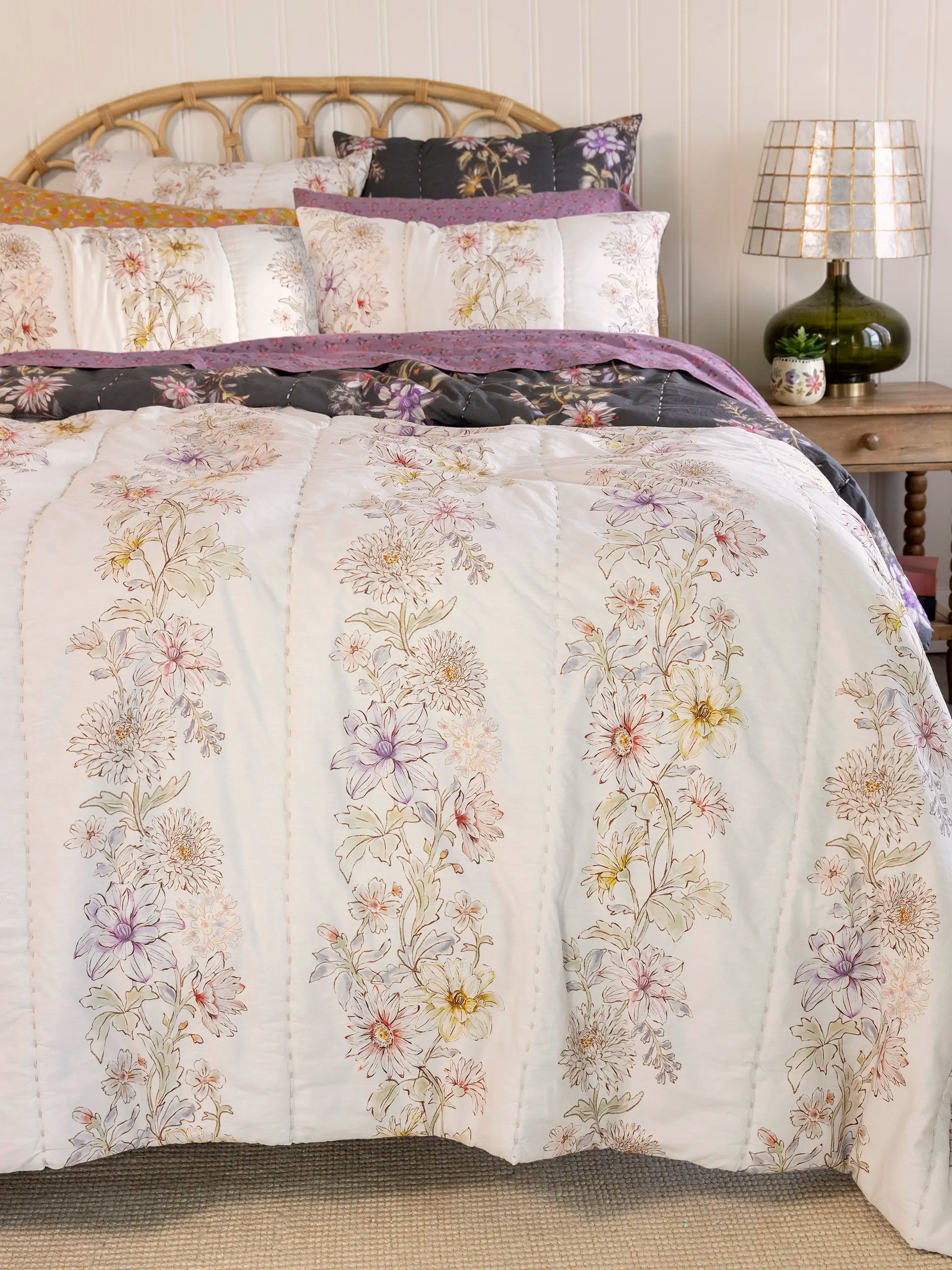 Bungalow Reversible Cotton Euro Sham - Ivory Dahlia Rows