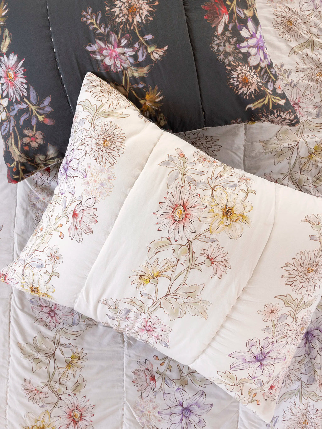 Bungalow Reversible Cotton Shams, Set of 2 - Ivory Dahlia Rows