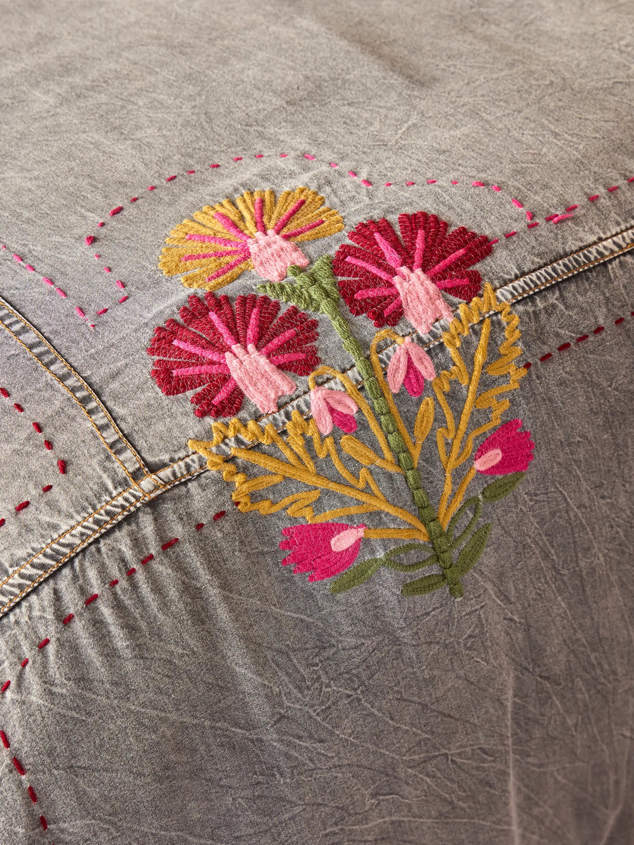 Embroidered Denim Euro Sham - Light Grey
