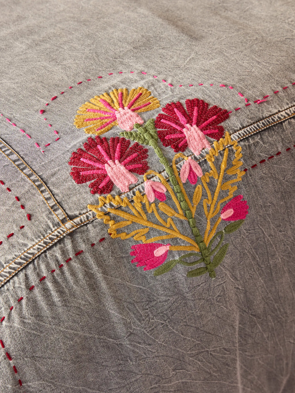 Embroidered Denim Duvet Cover - Light Grey