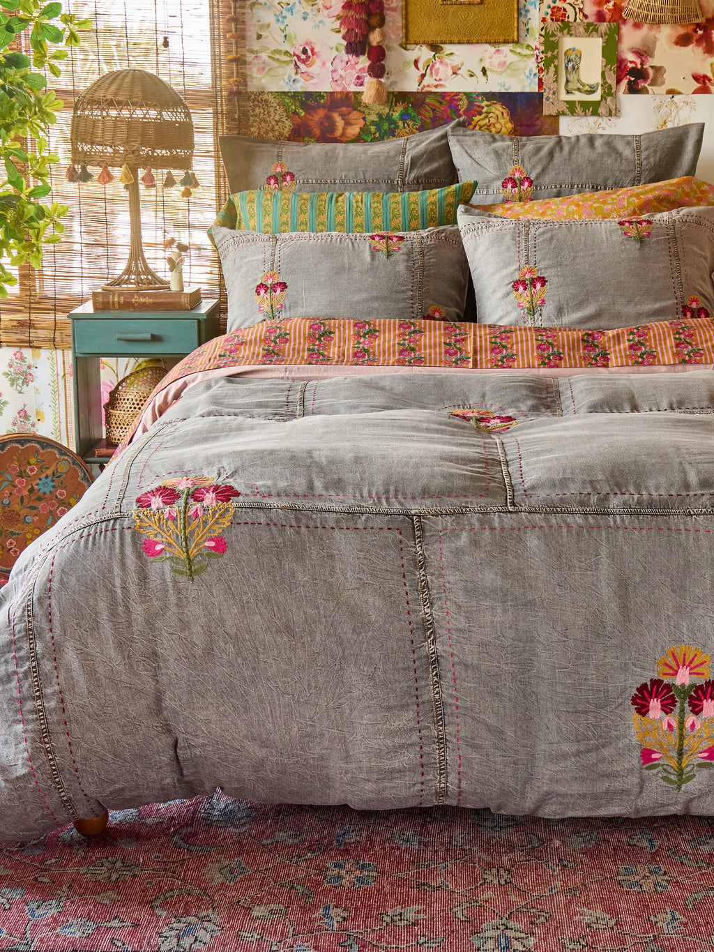 Embroidered Denim Duvet Cover - Light Grey