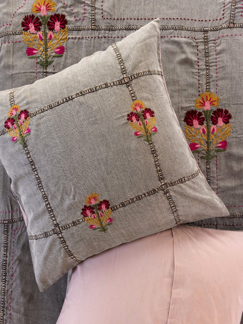 Embroidered Denim Euro Sham - Light Grey