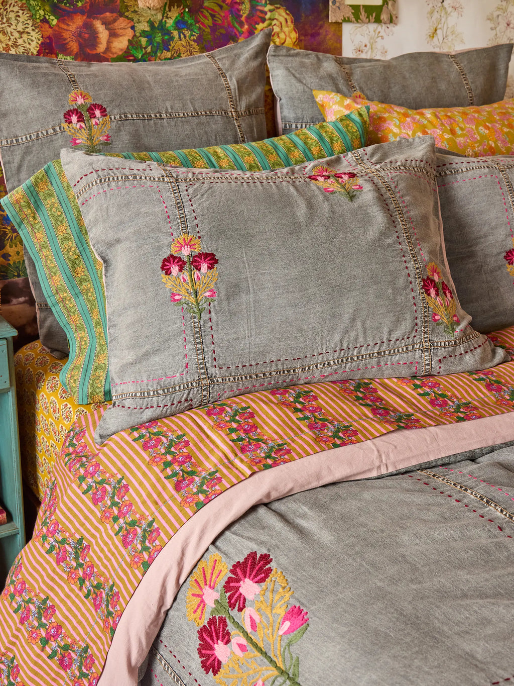Embroidered Denim Shams, Set of 2 - Light Grey