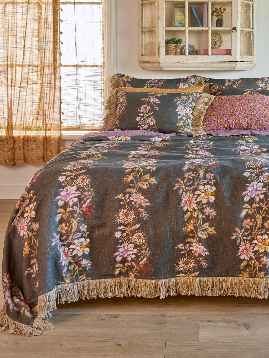 Boho Fringe Euro Sham - Dahlia Rows Chocolate
