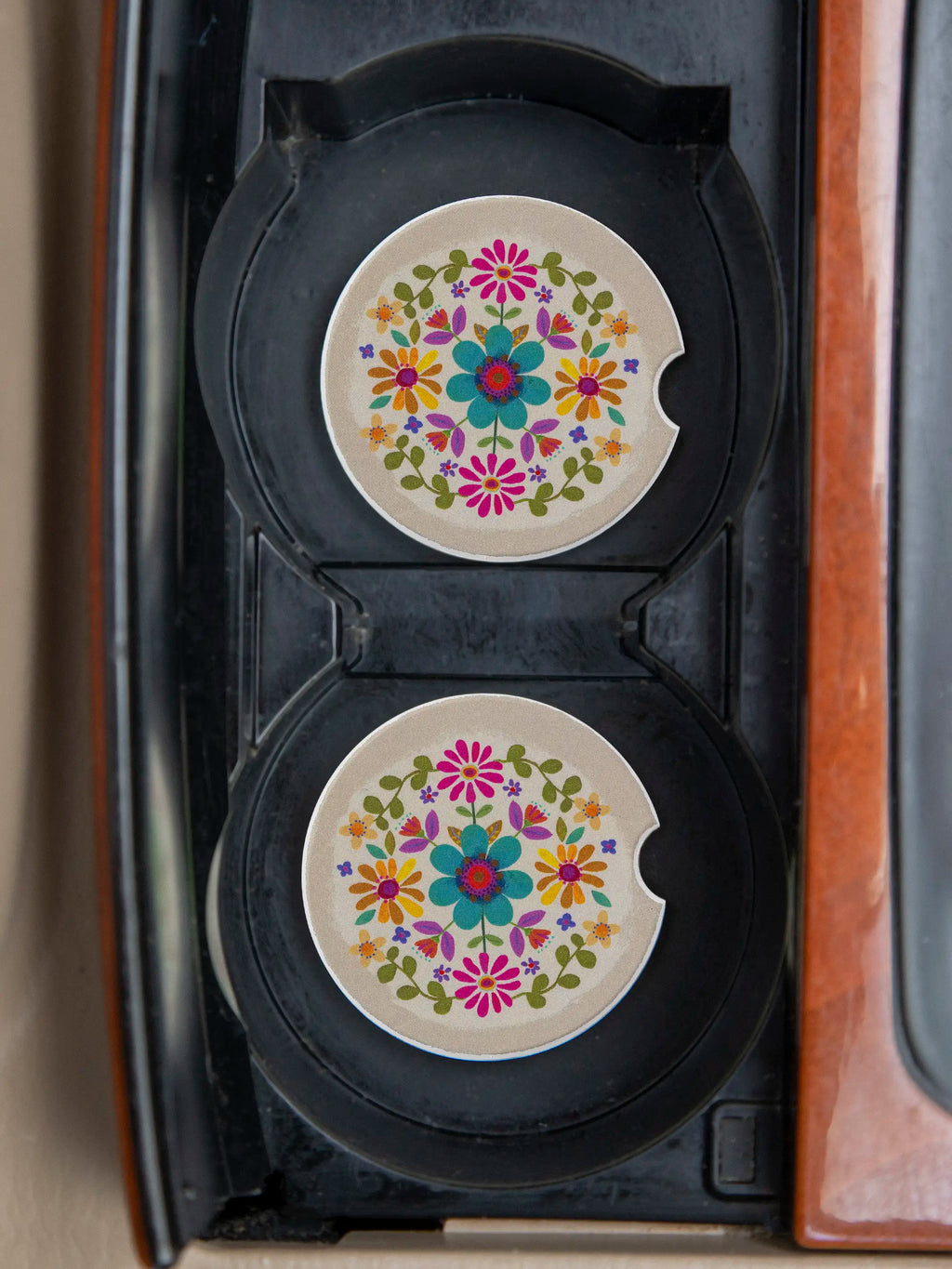 Car Coasters, Set of 2 - Cream Folk Flower