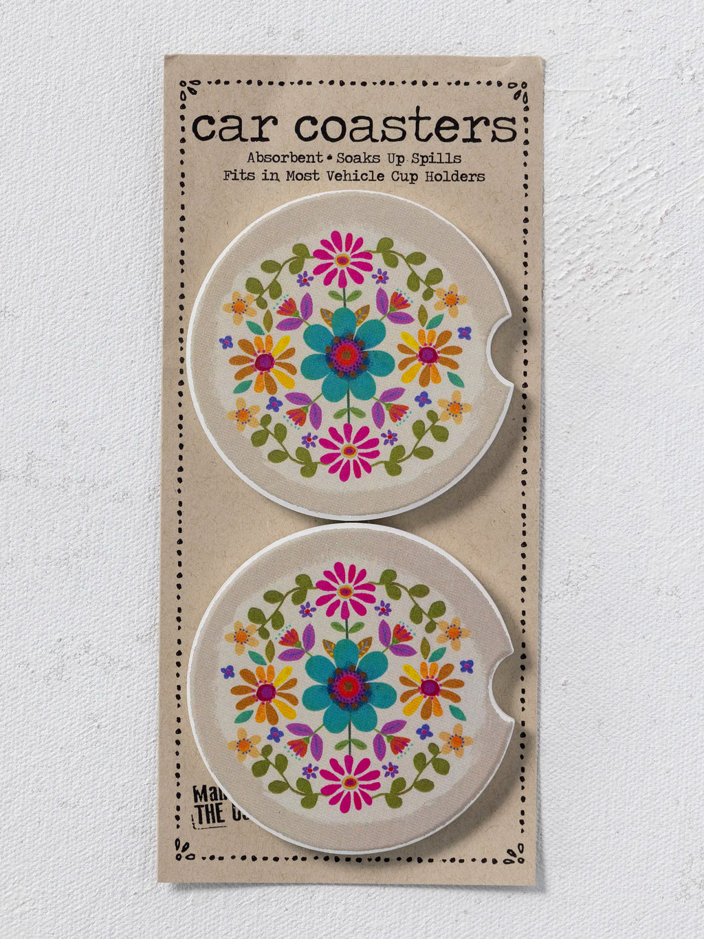 Car Coasters, Set of 2 - Cream Folk Flower