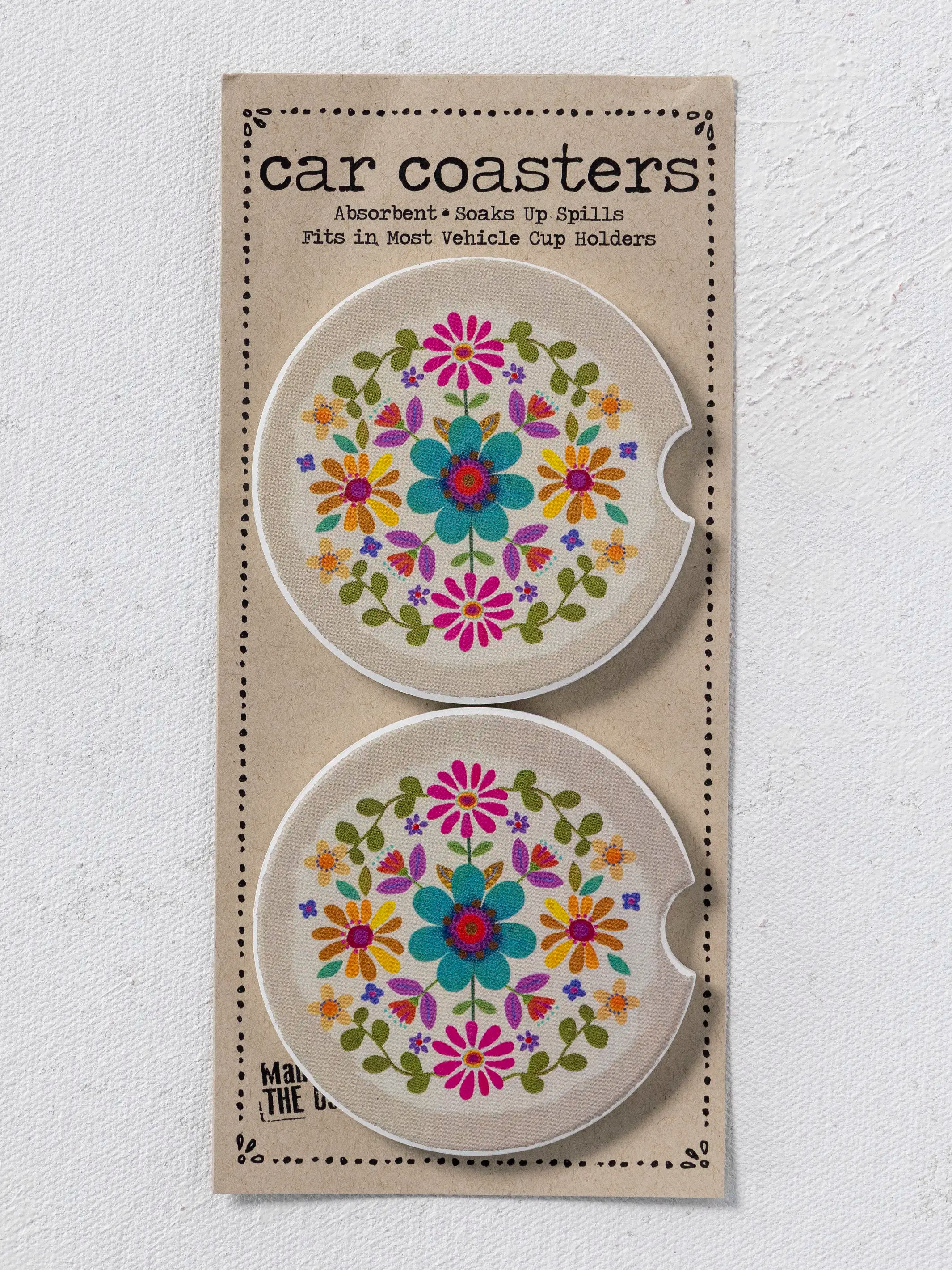 Car Coasters, Set of 2 - Cream Folk Flower