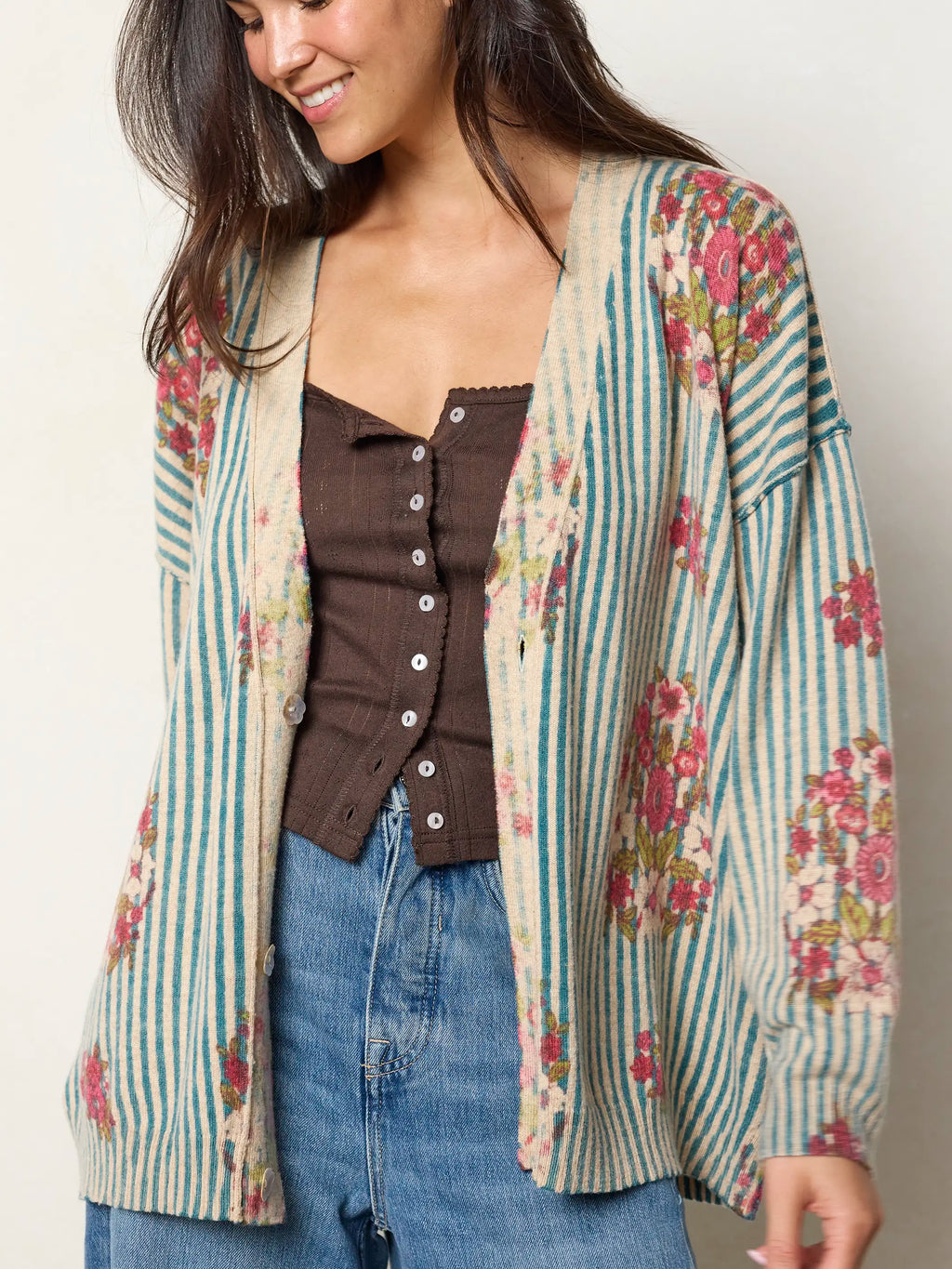 Live Happy Cardigan Sweater - Jaipur Stripe Washed Teal