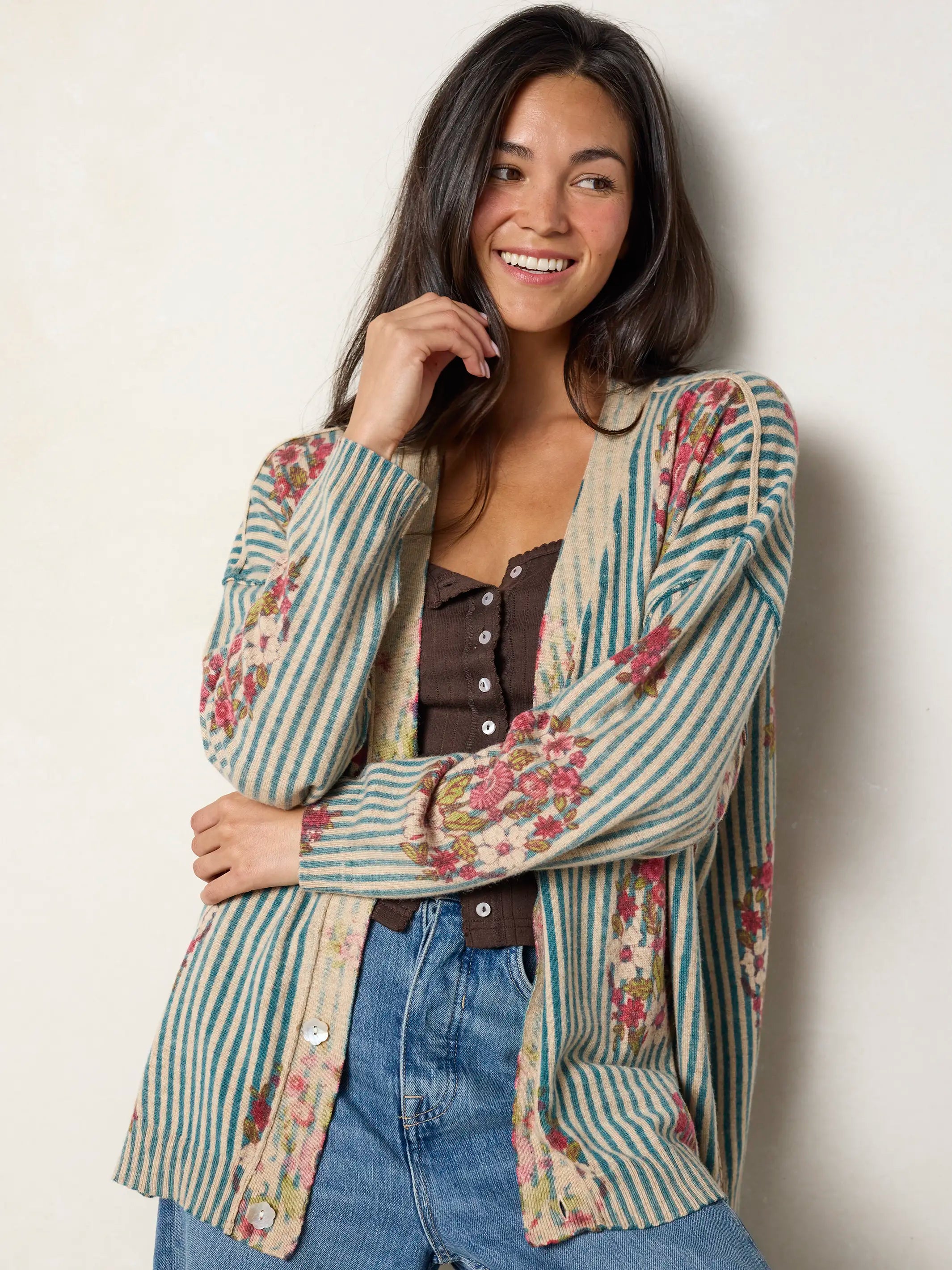 Live Happy Cardigan Sweater - Jaipur Stripe Washed Teal