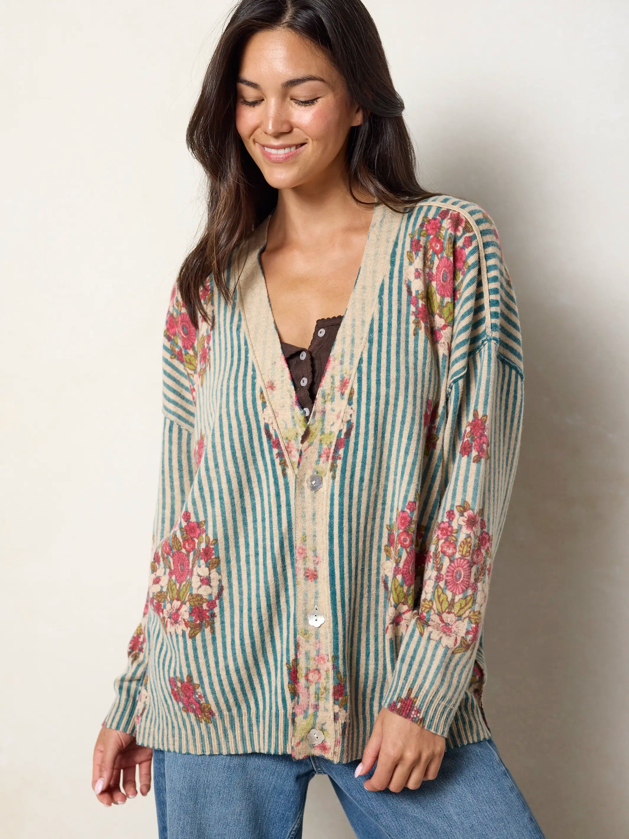 Live Happy Cardigan Sweater - Jaipur Stripe Washed Teal