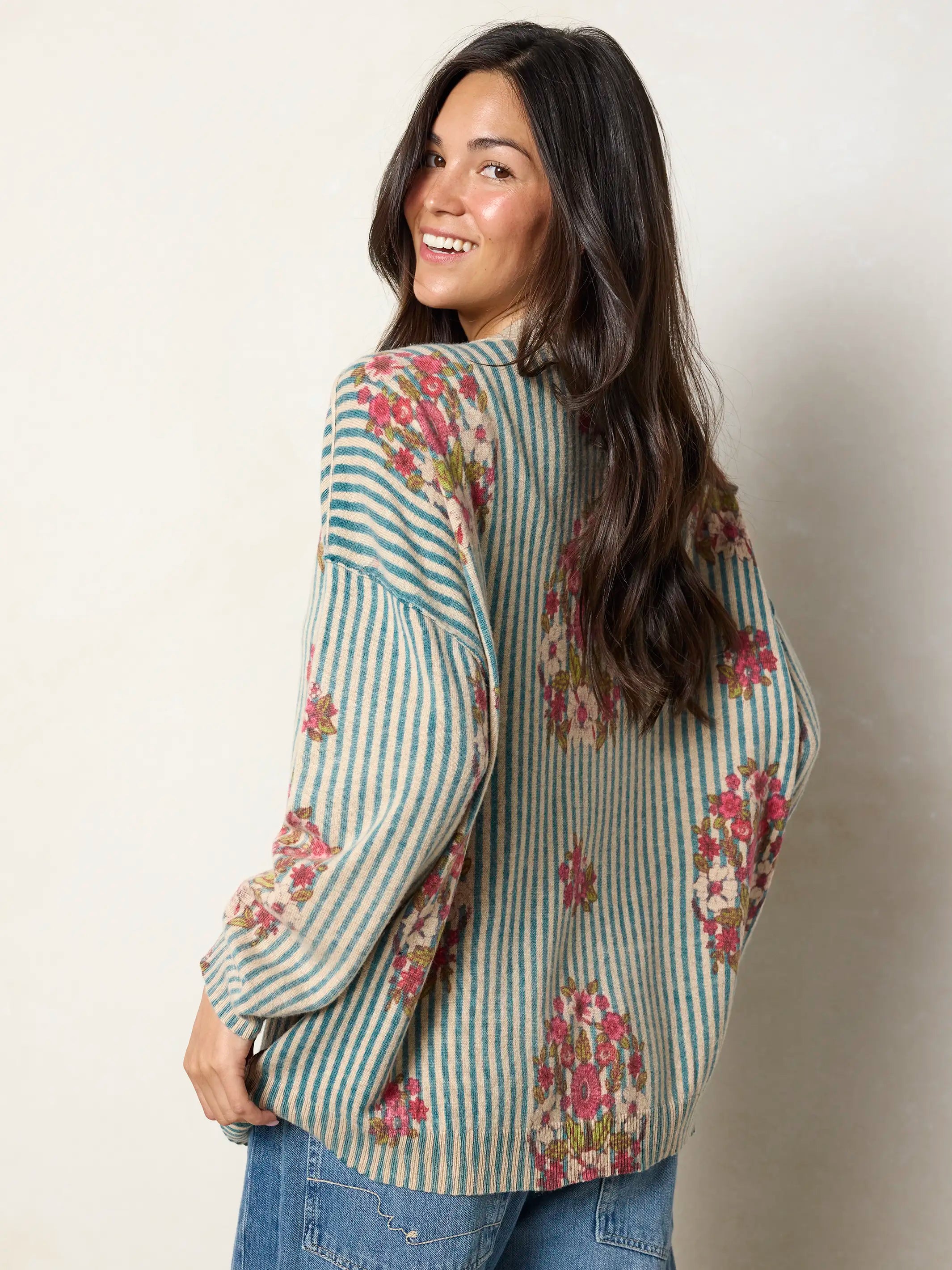Live Happy Cardigan Sweater - Jaipur Stripe Washed Teal