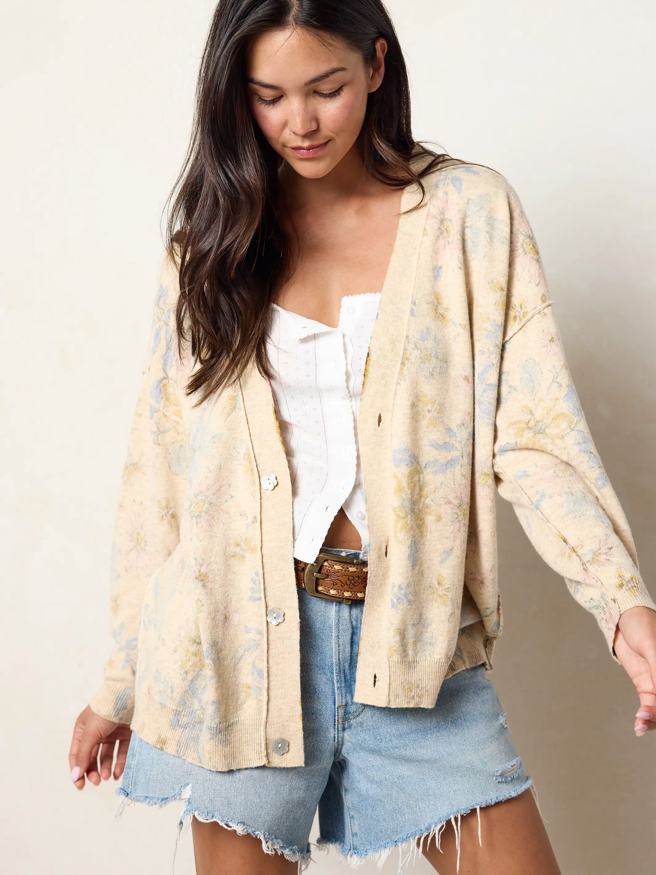 Live Happy Cardigan Sweater - Dahlia Flora Ivory