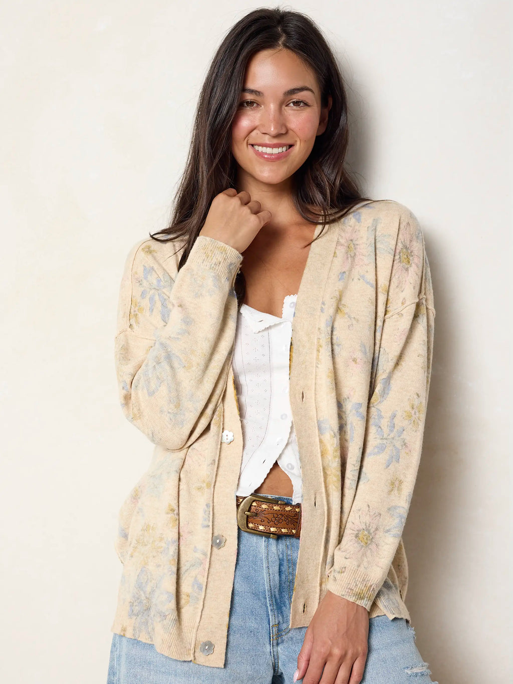 Live Happy Cardigan Sweater - Dahlia Flora Ivory