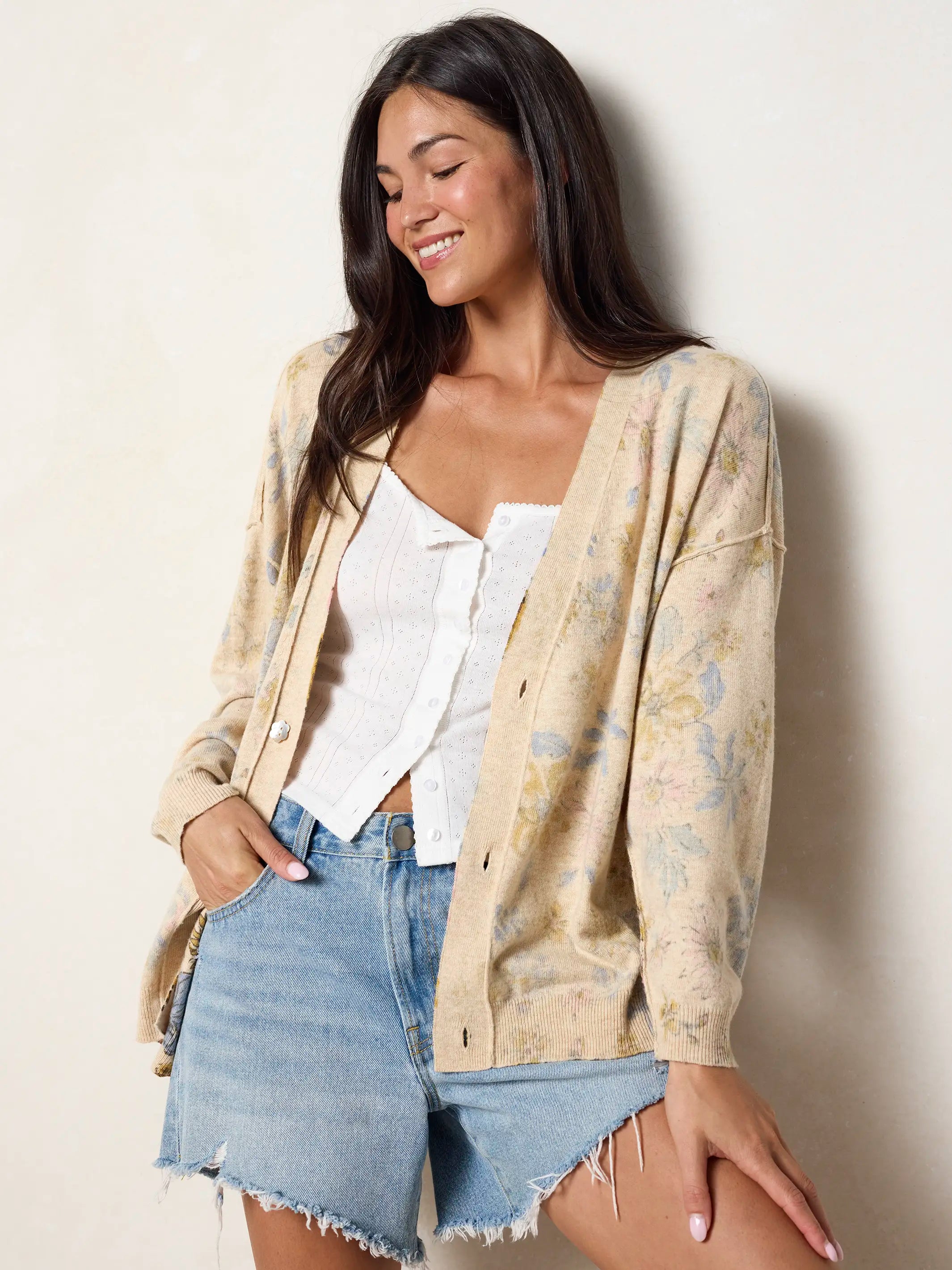 Live Happy Cardigan Sweater - Dahlia Flora Ivory