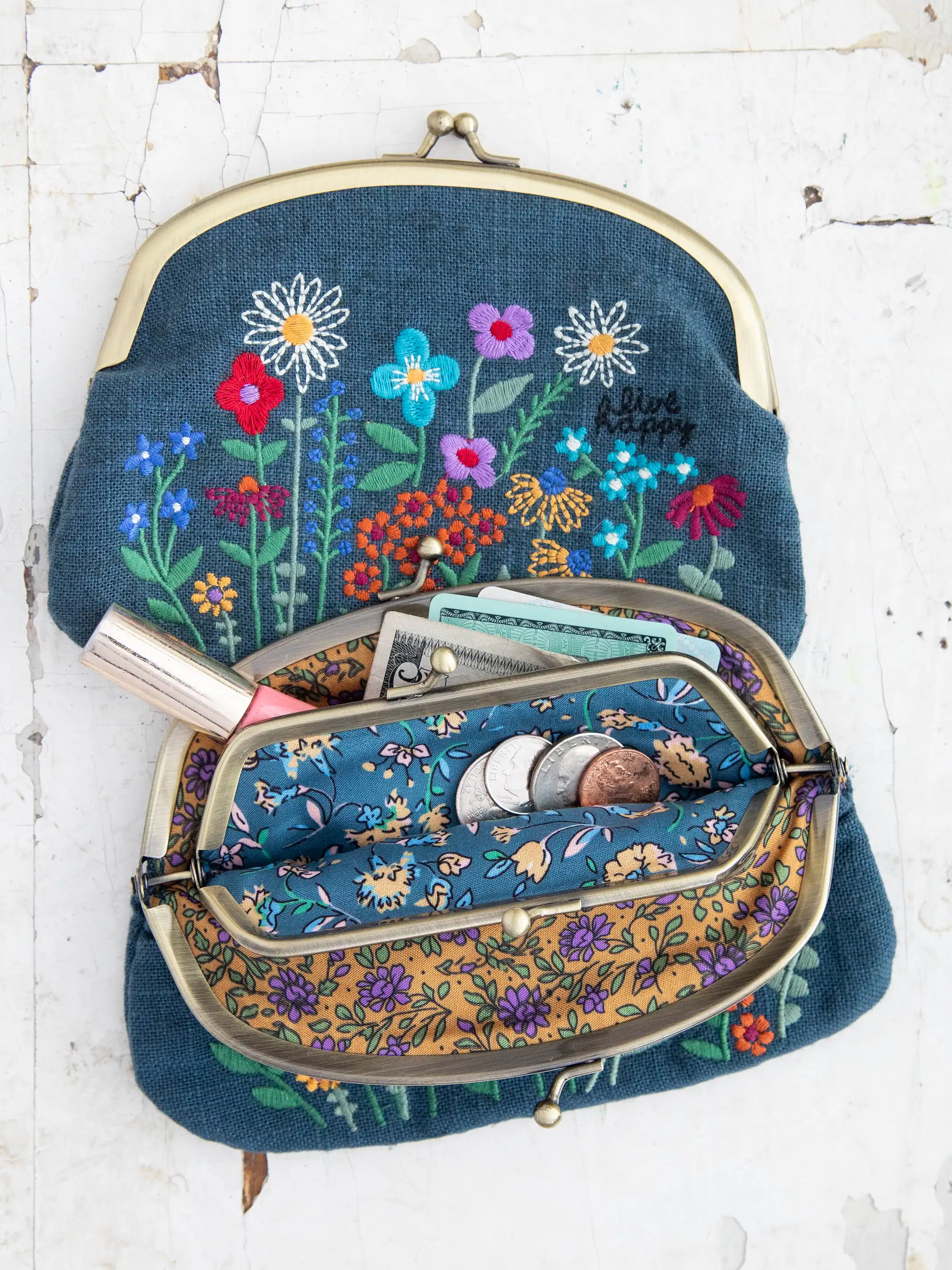 Embroidered Kisslock Coin Purse - Washed Navy