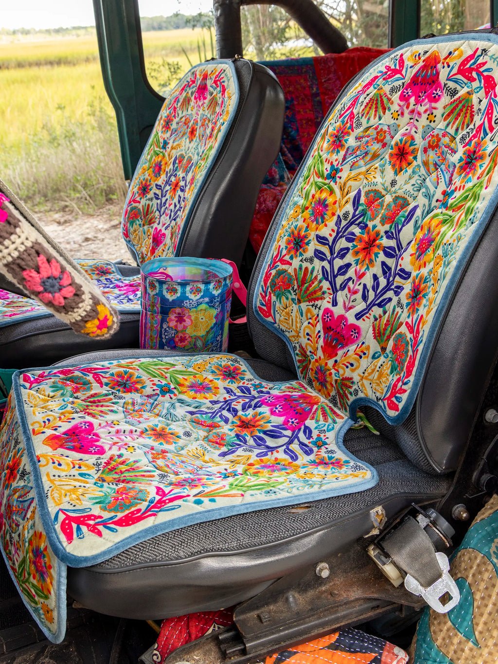 Velvet Car Seat Protector - Cream Birds