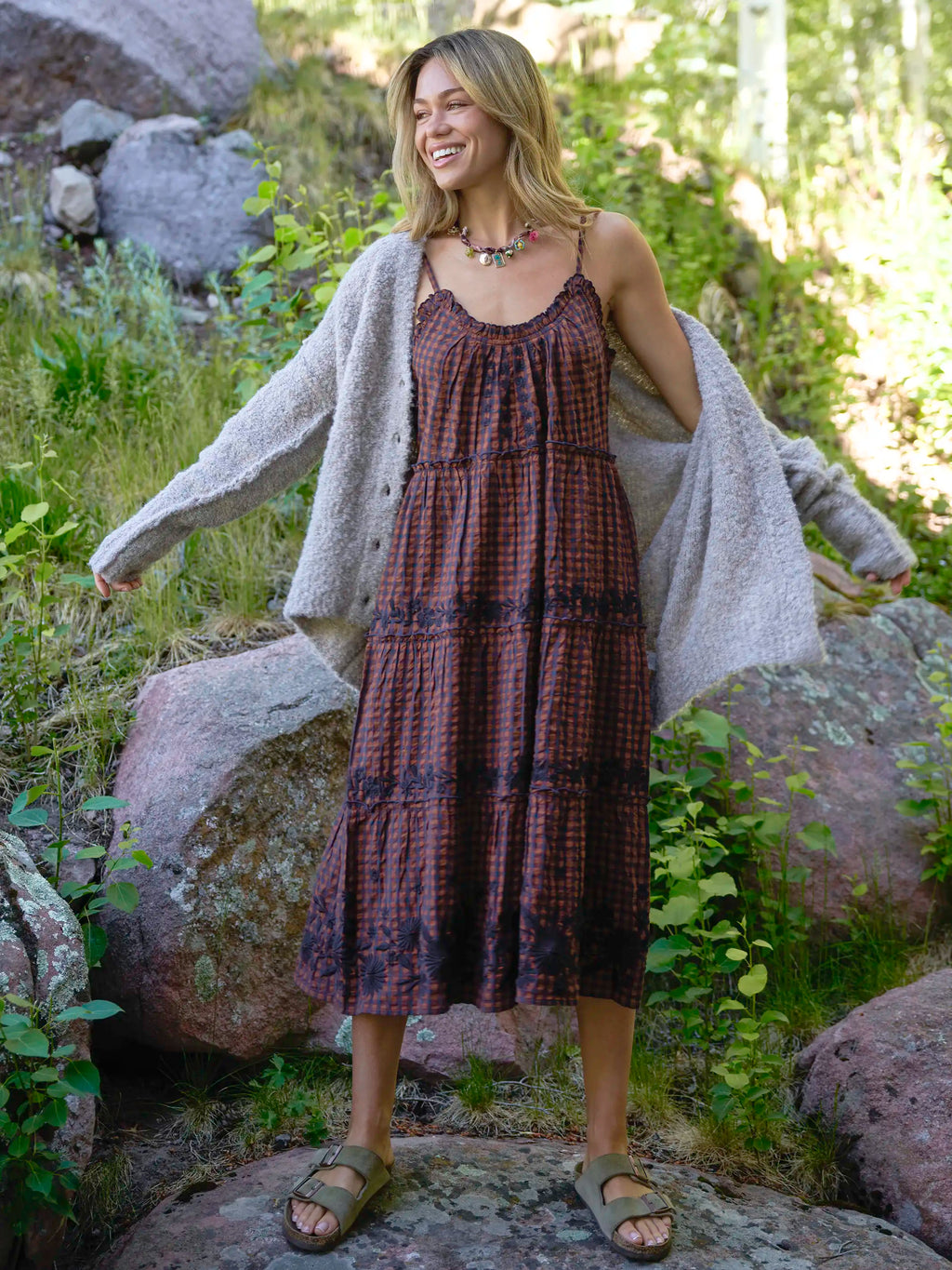 Harley Embroidered Cotton Midi Dress - Rust Gingham