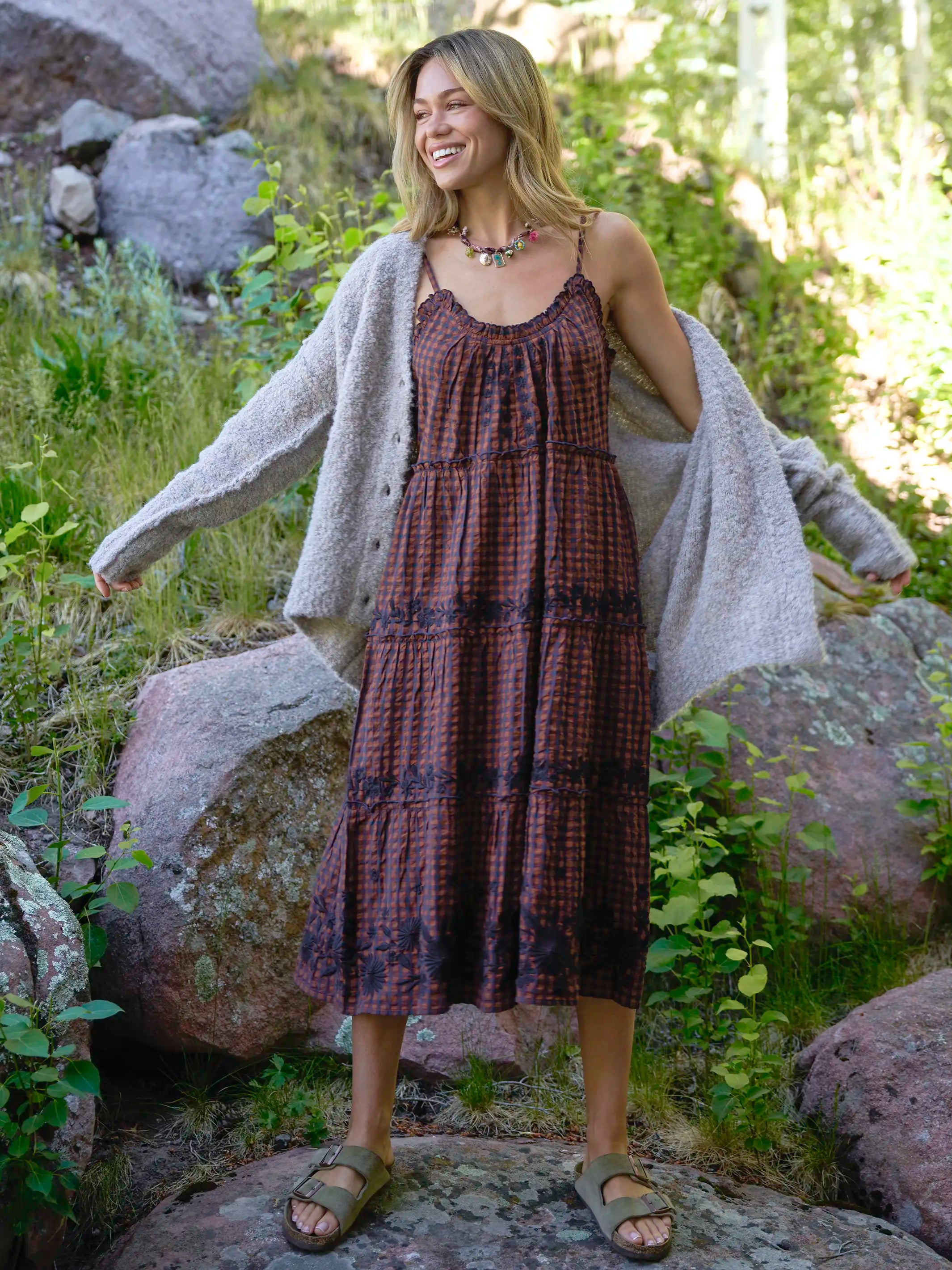 Harley Embroidered Cotton Midi Dress - Rust Gingham