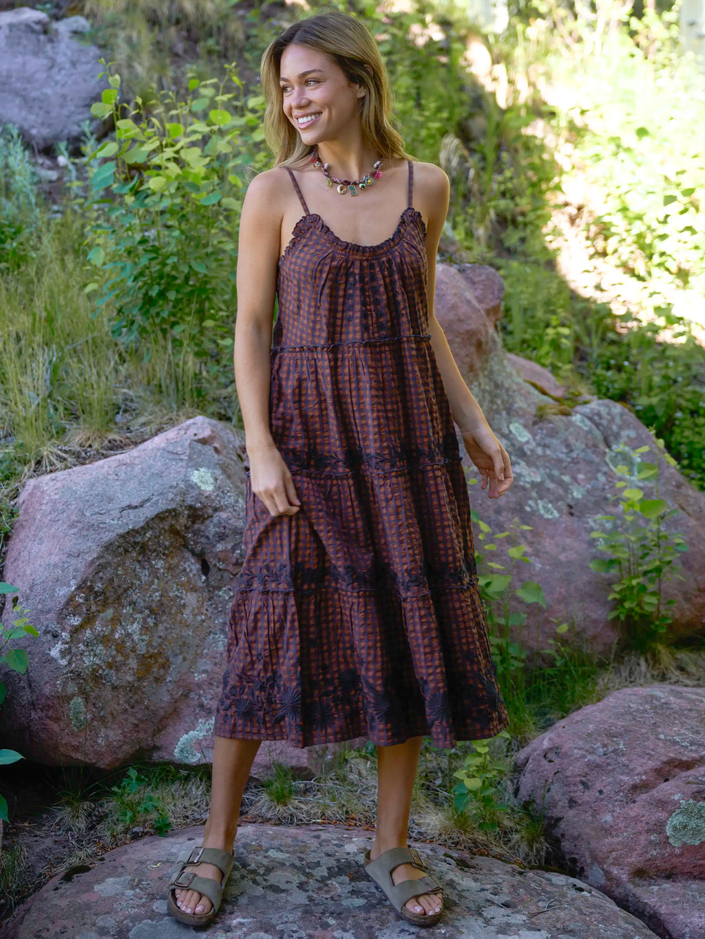 Harley Embroidered Cotton Midi Dress - Rust Gingham