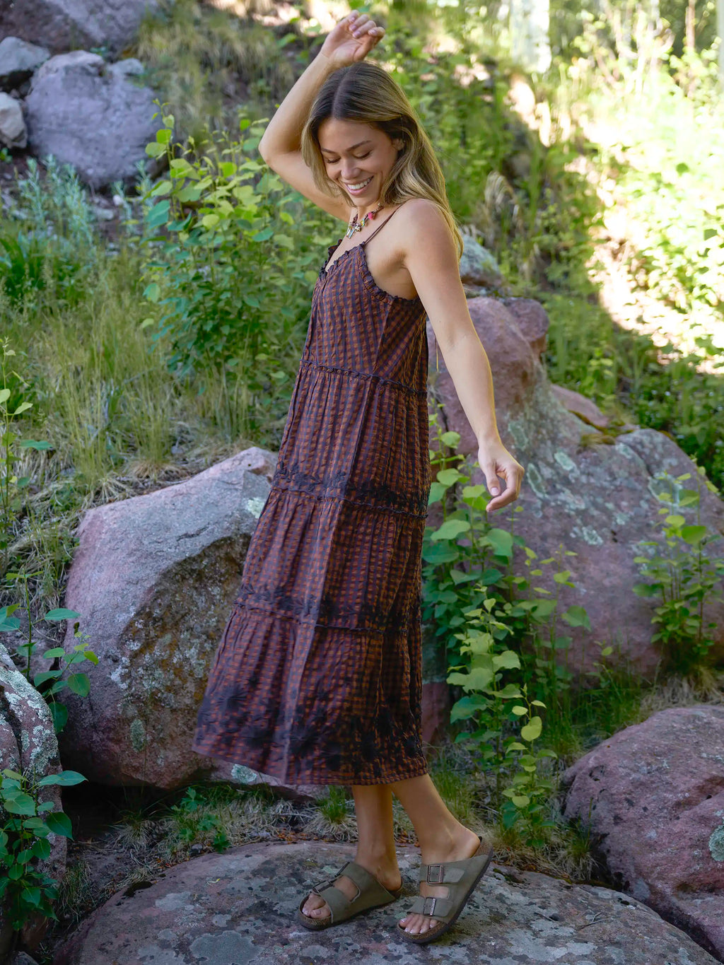Harley Embroidered Cotton Midi Dress - Rust Gingham