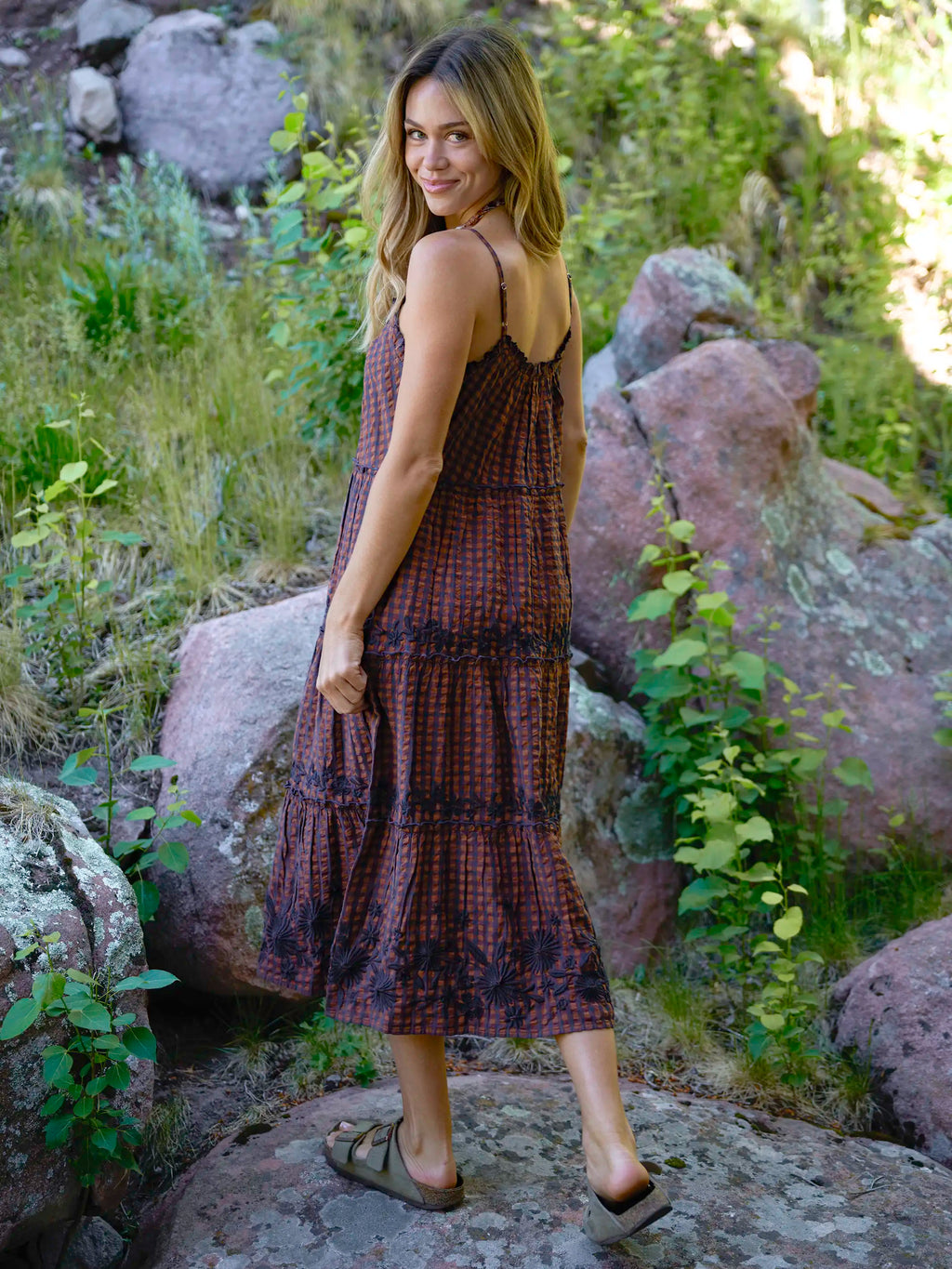 Harley Embroidered Cotton Midi Dress - Rust Gingham