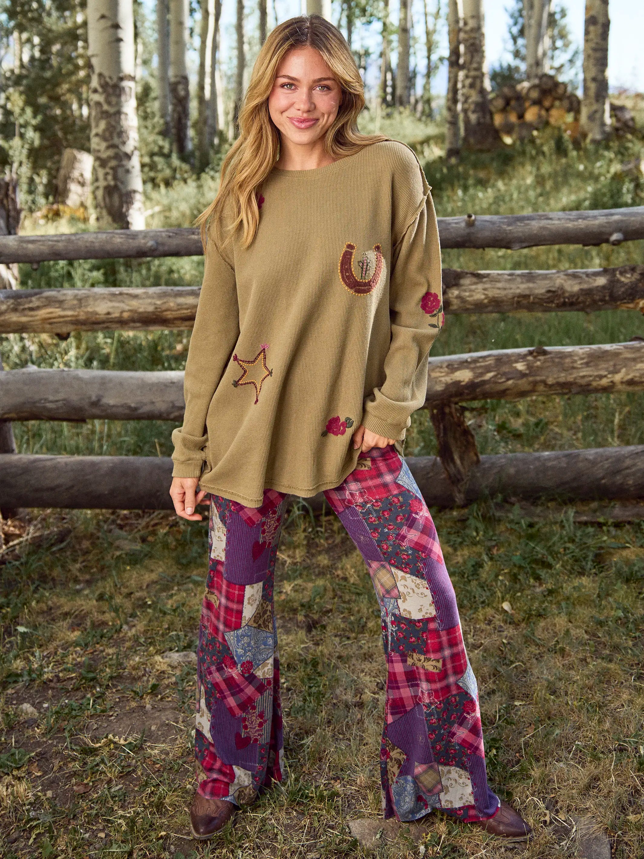 Cali Knit Flare Pants - Aspen Patchwork Burgundy