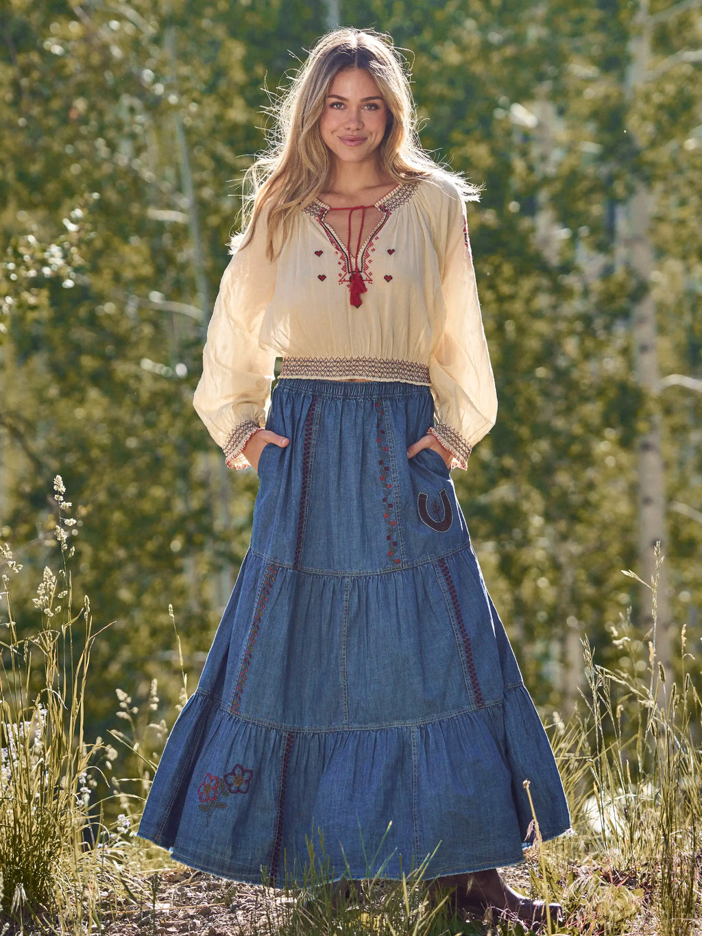 Embroidered Cotton Long Sleeve Peasant Top - Ivory